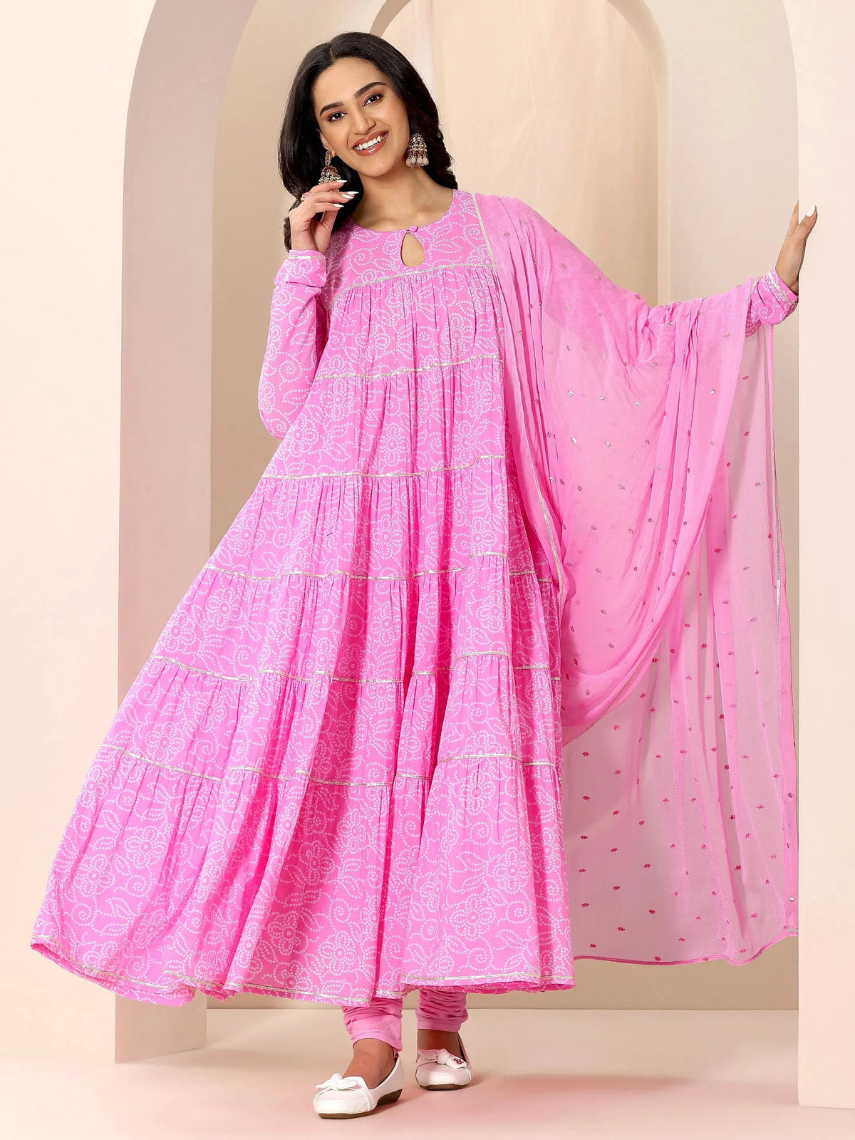 Anouk Pink Floral Printed Cotton Flared Suit Set With Dupatta