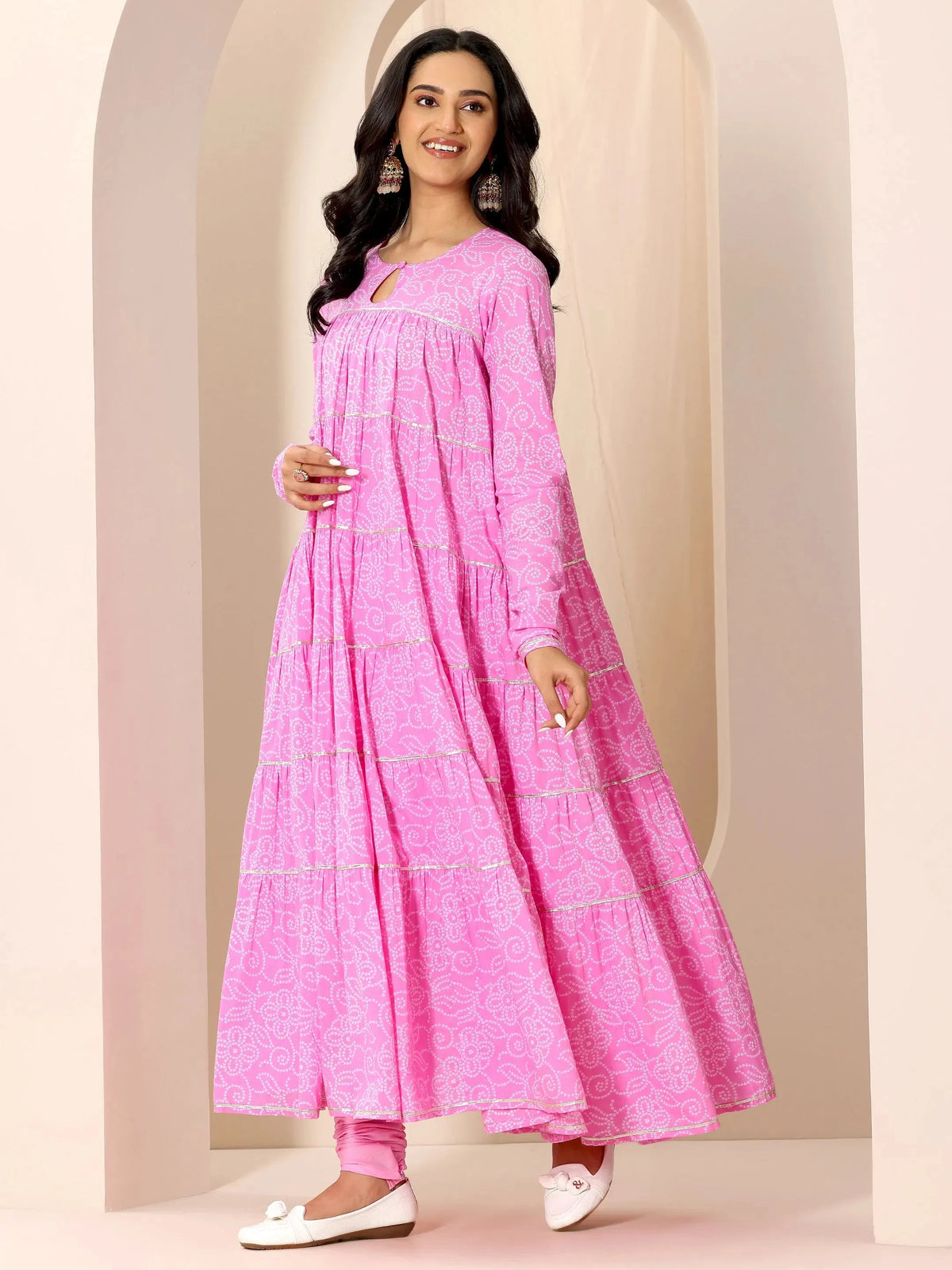 Anouk Pink Floral Printed Cotton Flared Suit Set With Dupatta