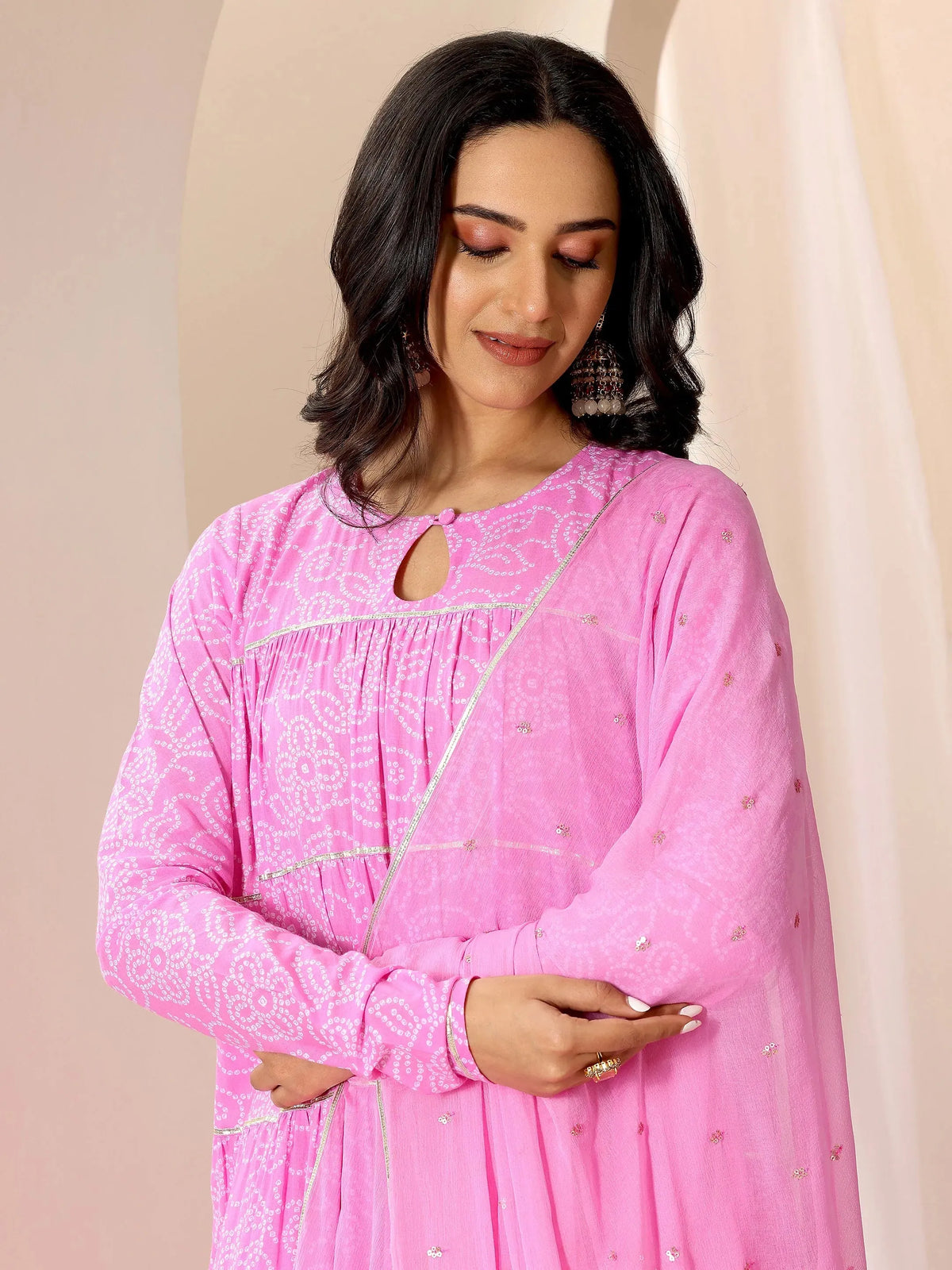 Anouk Pink Floral Printed Cotton Flared Suit Set With Dupatta