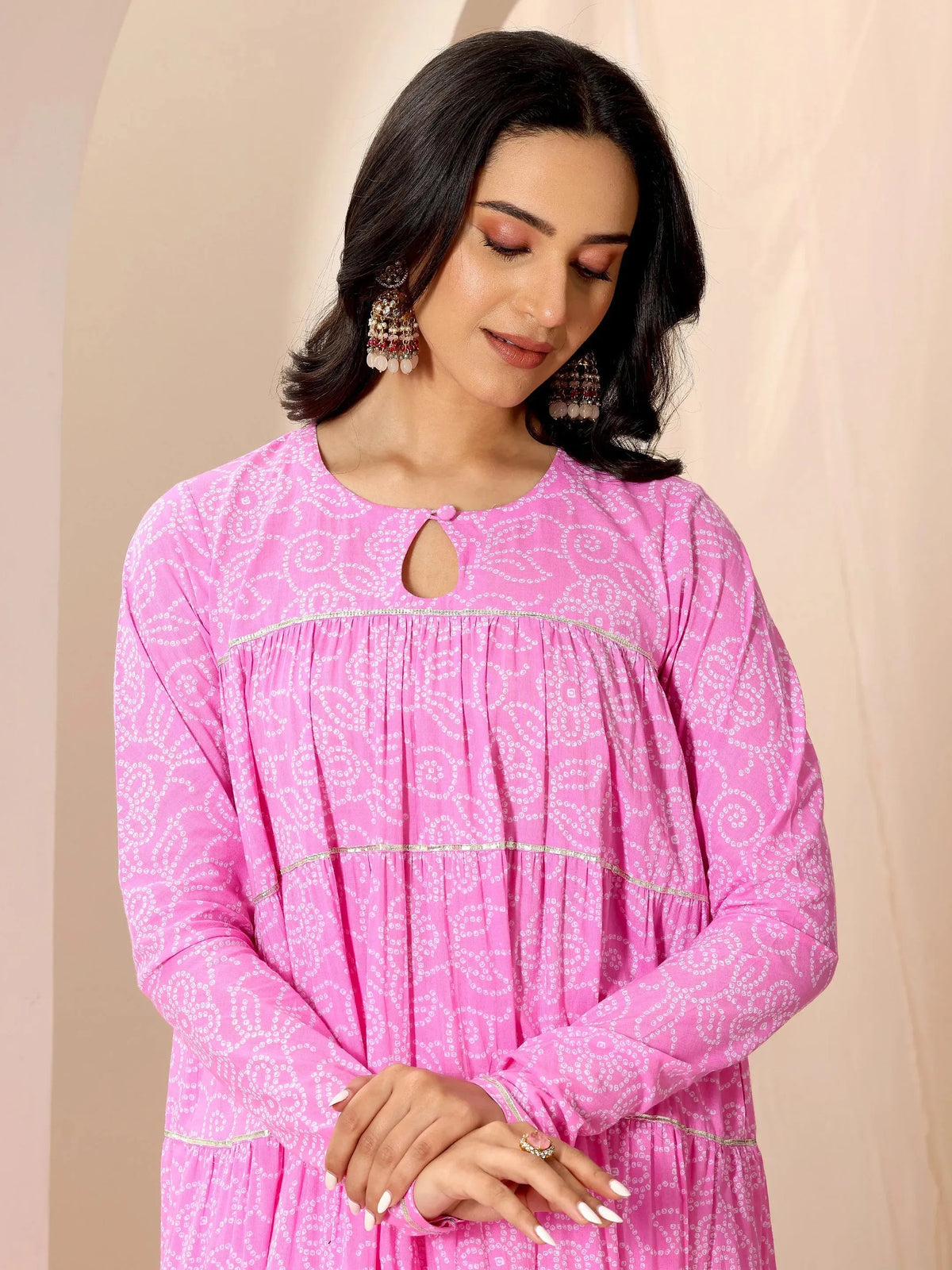 Anouk Pink Floral Printed Cotton Flared Suit Set With Dupatta