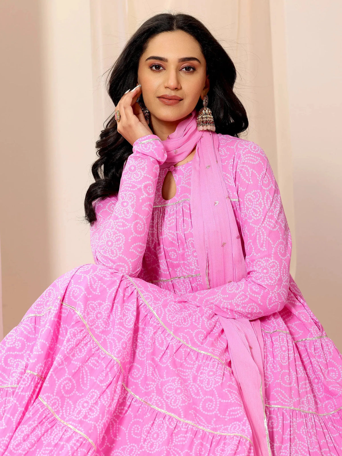 Anouk Pink Floral Printed Cotton Flared Suit Set With Dupatta