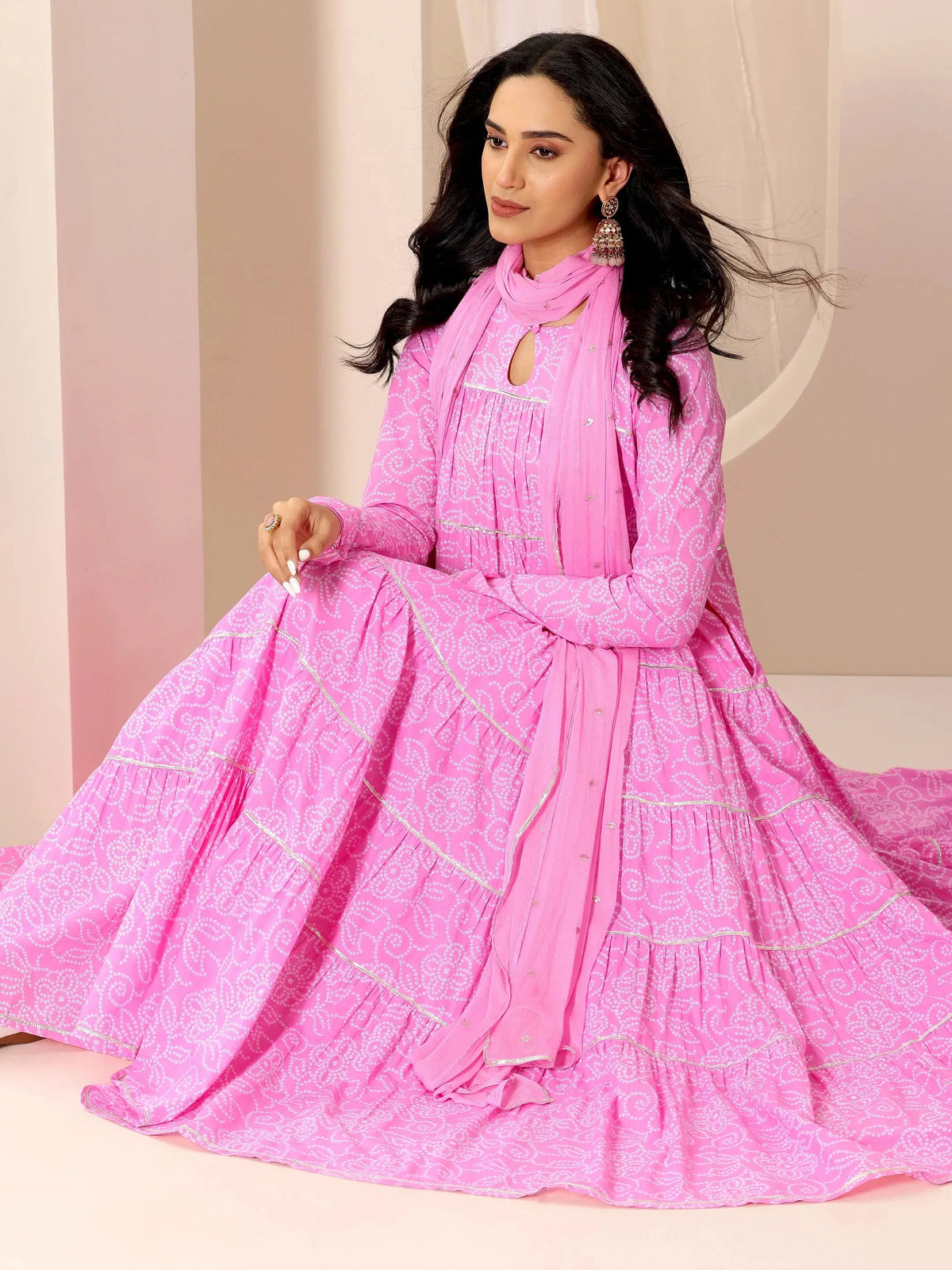 Anouk Pink Floral Printed Cotton Flared Suit Set With Dupatta
