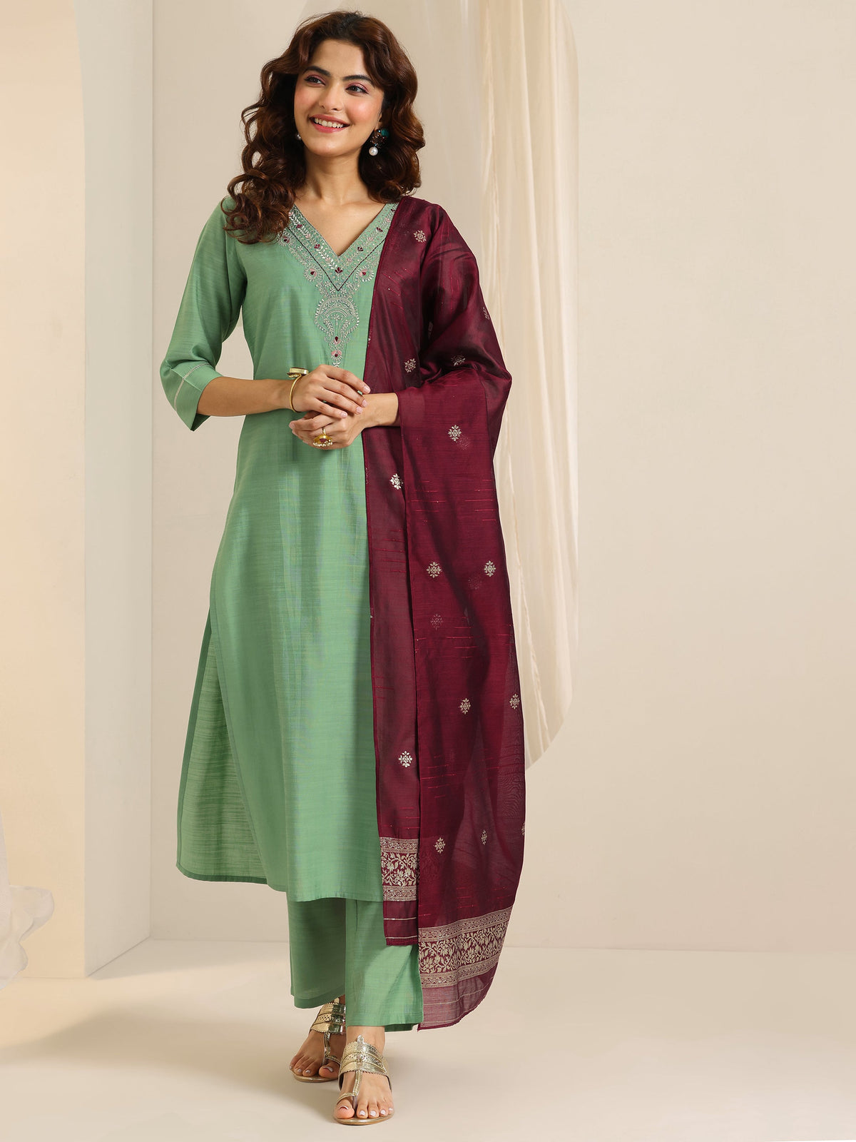 Anouk Green Yoke Design Silk Blend Straight Suit Set With Dupatta
