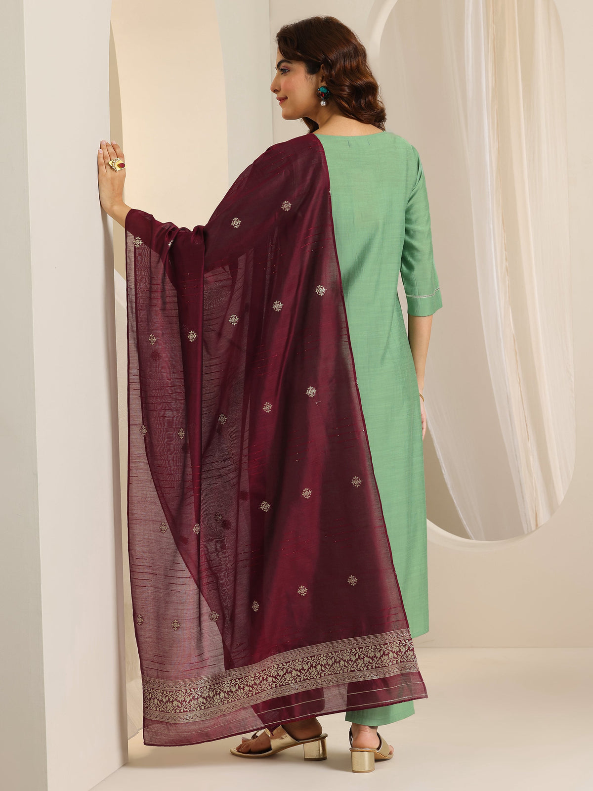 Anouk Green Yoke Design Silk Blend Straight Suit Set With Dupatta