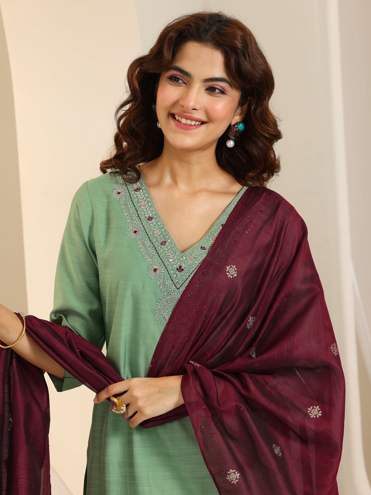 Anouk Green Yoke Design Silk Blend Straight Suit Set With Dupatta