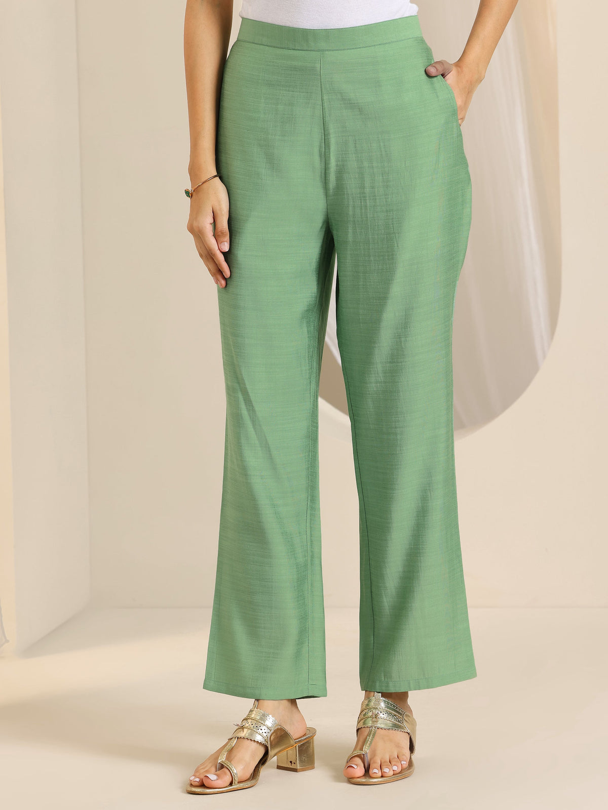 Anouk Green Yoke Design Silk Blend Straight Suit Set With Dupatta