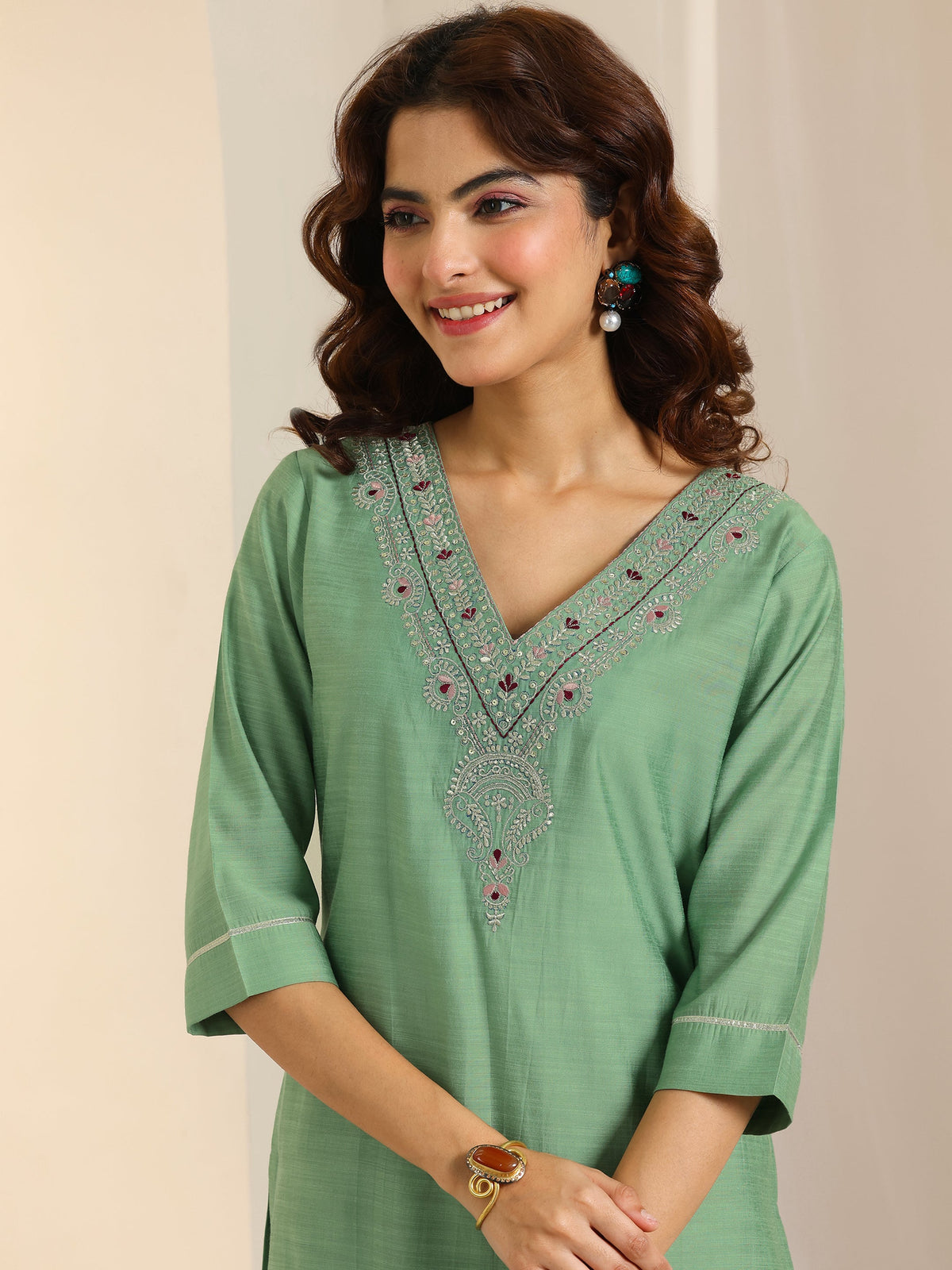 Anouk Green Yoke Design Silk Blend Straight Suit Set With Dupatta