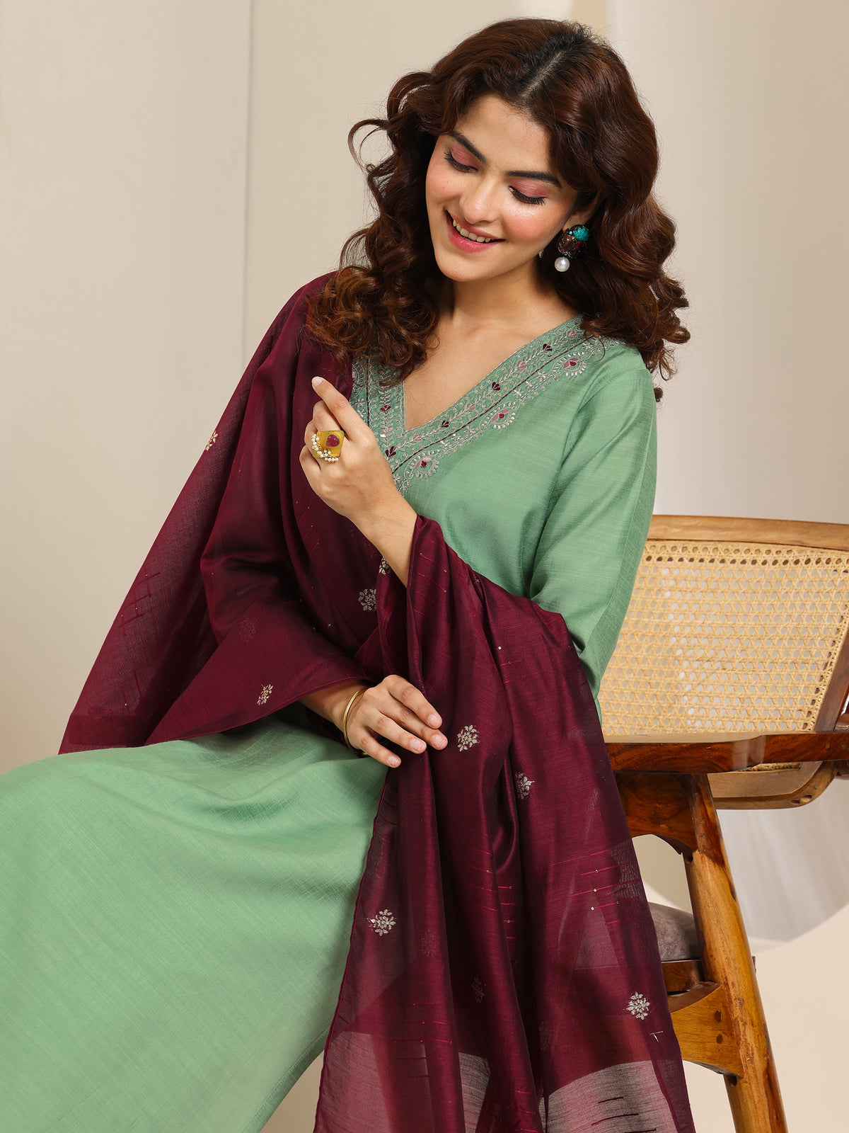 Anouk Green Yoke Design Silk Blend Straight Suit Set With Dupatta