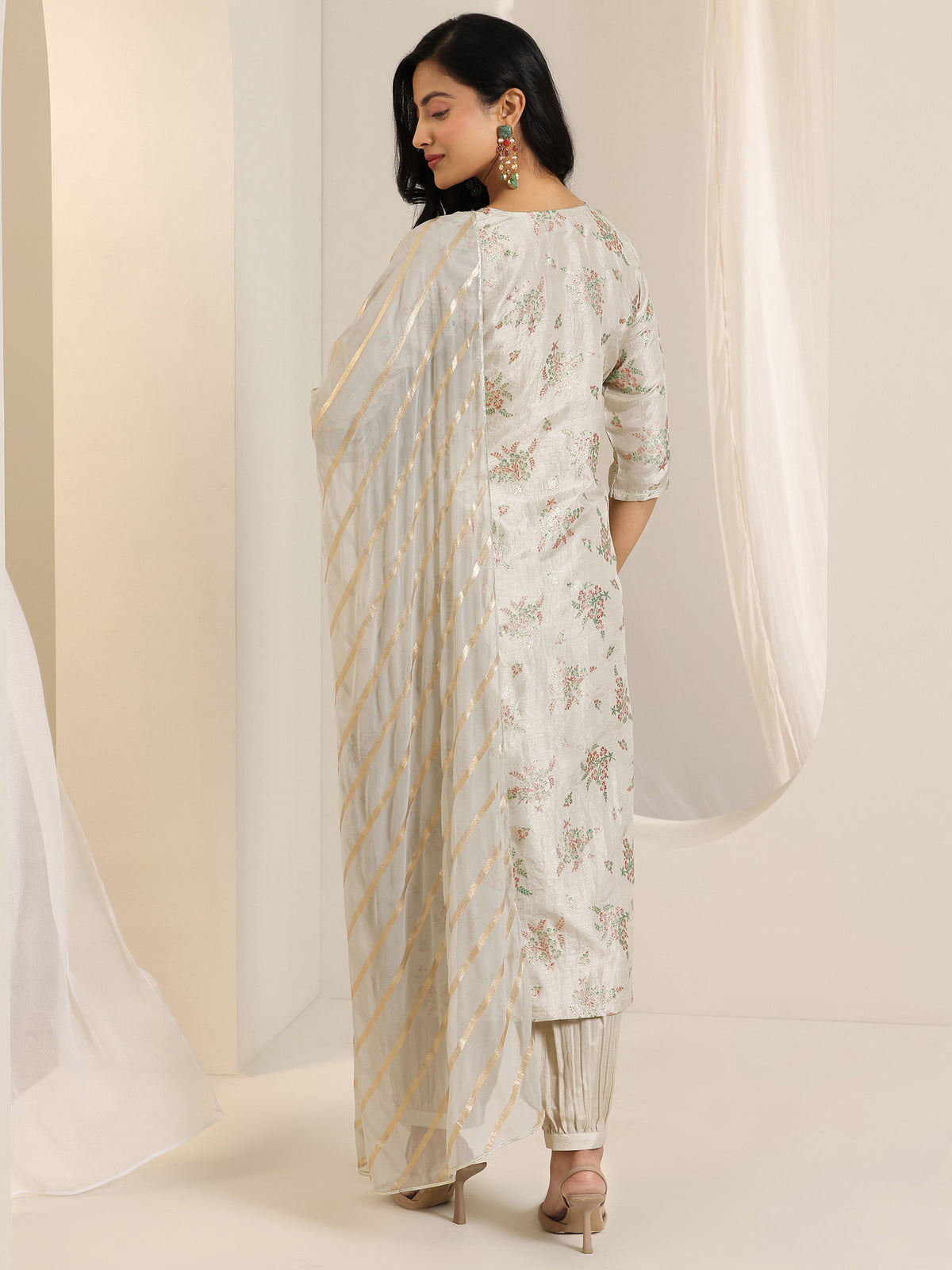 Anouk Grey Printed Silk Blend Straight Suit Set With Dupatta