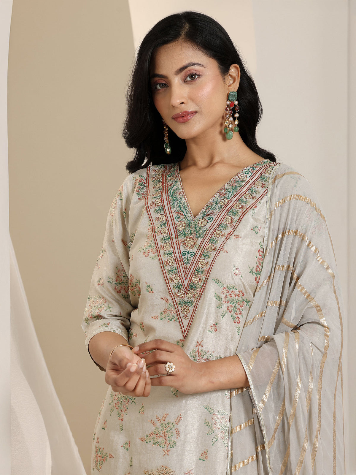 Anouk Grey Printed Silk Blend Straight Suit Set With Dupatta