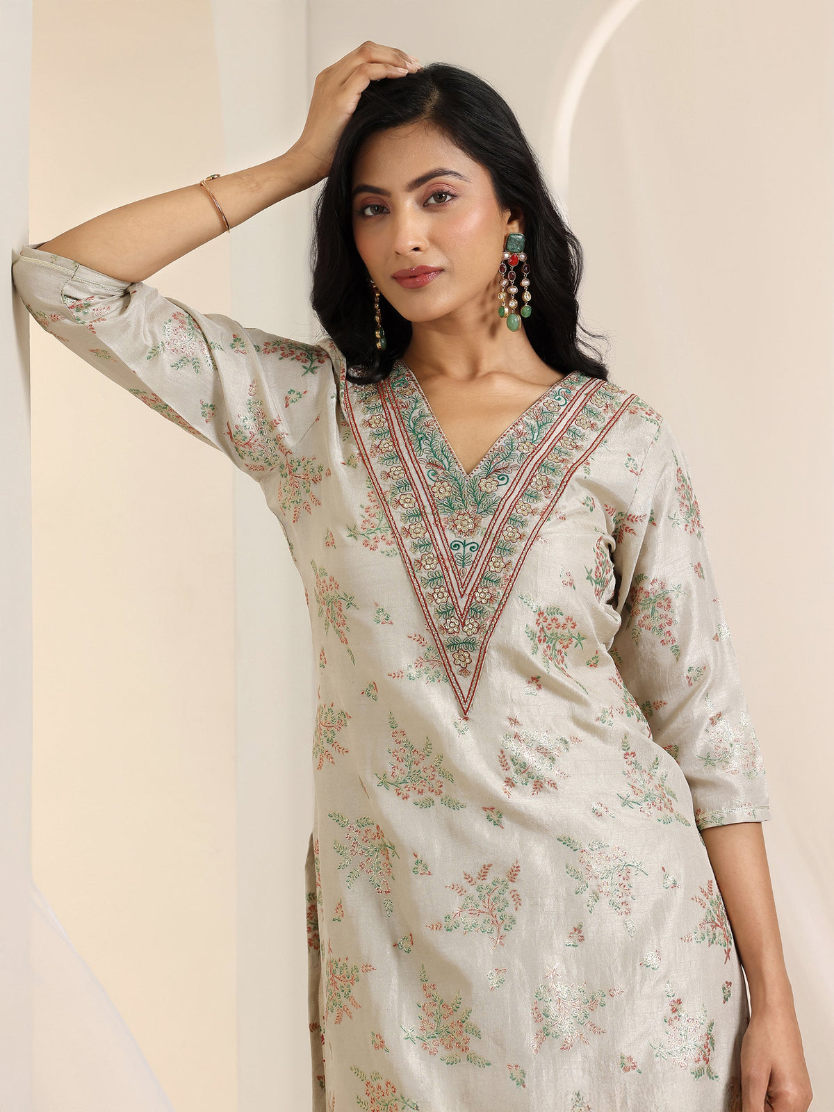 Anouk Grey Printed Silk Blend Straight Suit Set With Dupatta