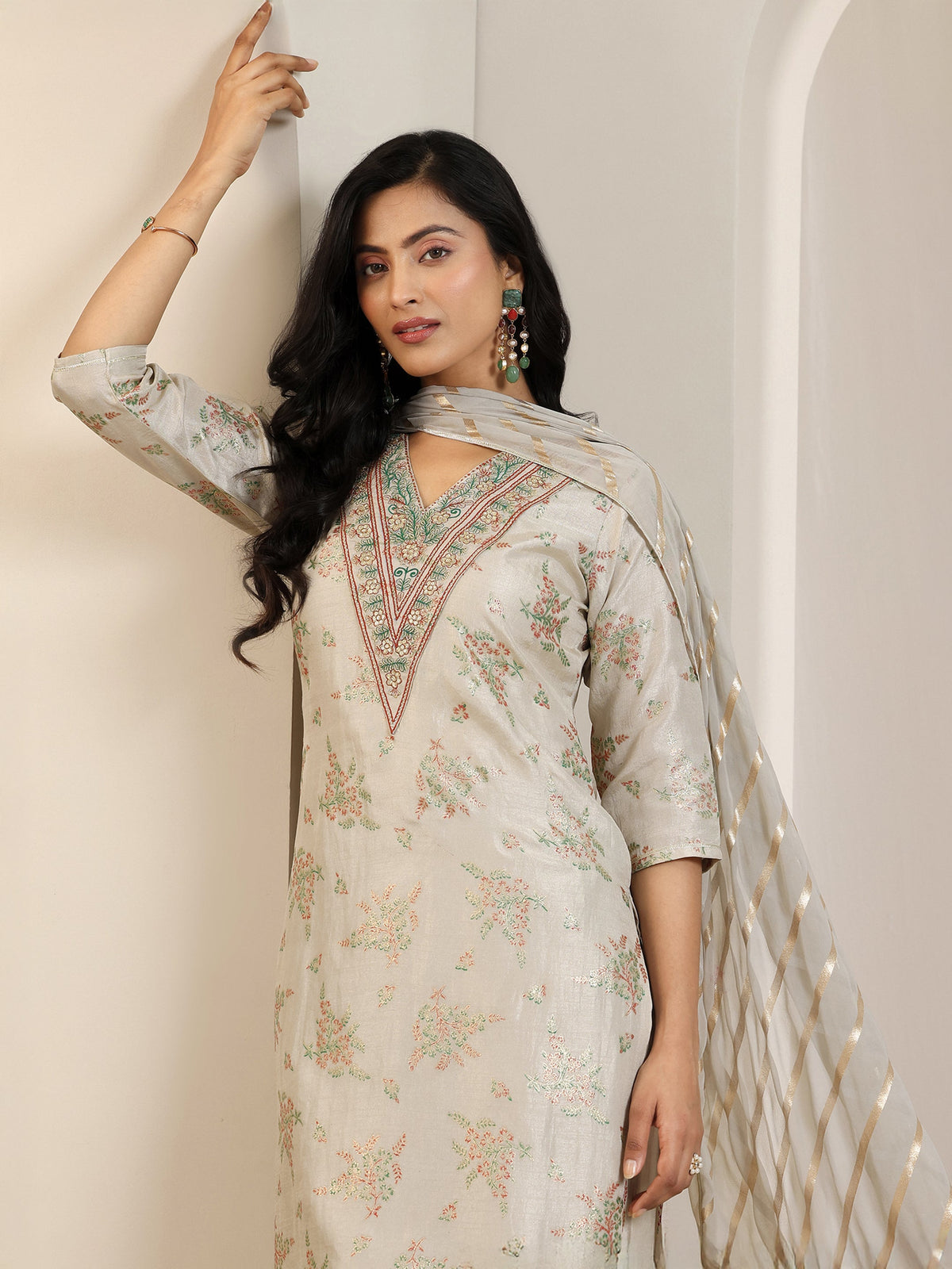 Anouk Grey Printed Silk Blend Straight Suit Set With Dupatta
