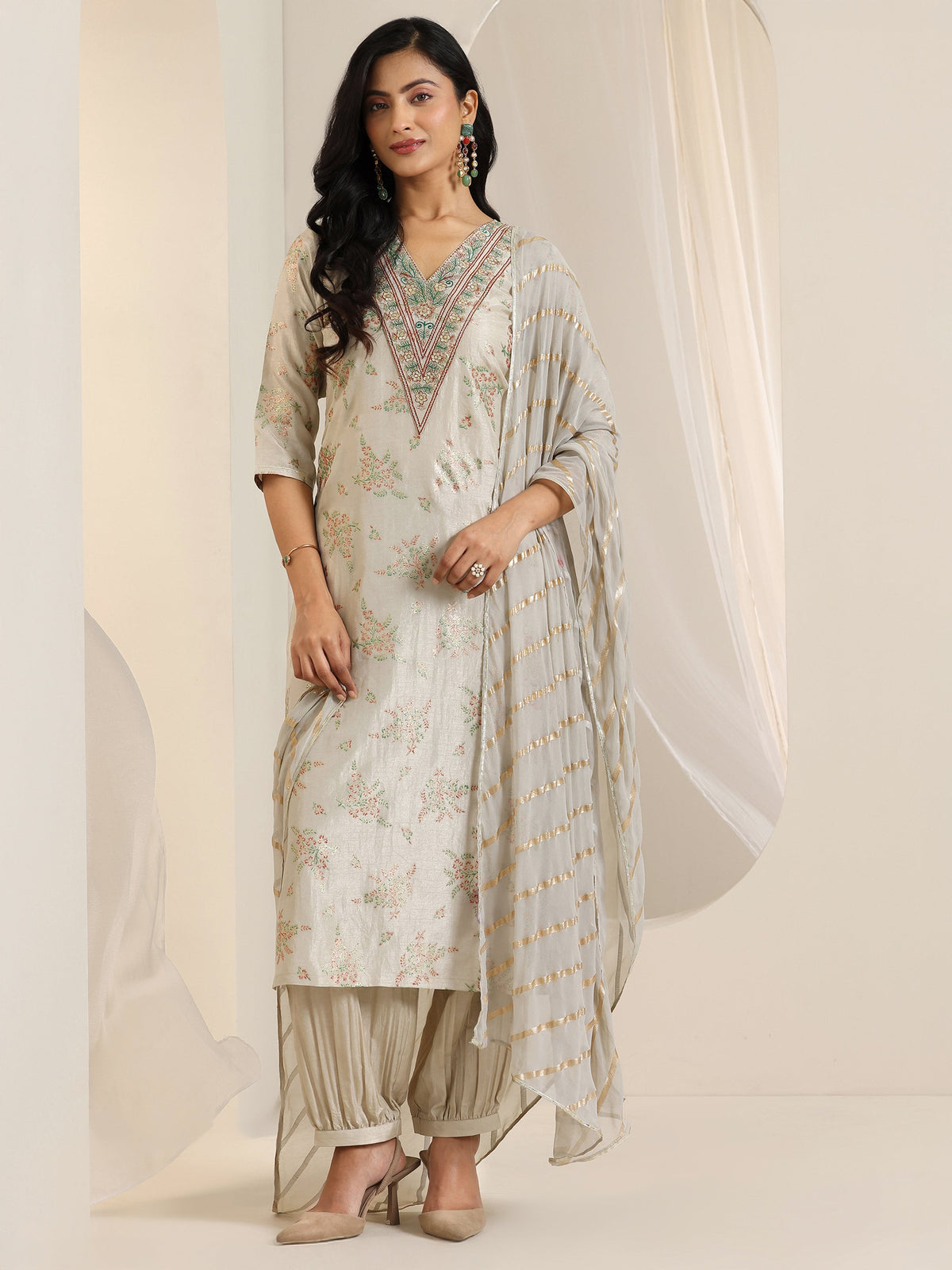 Anouk Grey Printed Silk Blend Straight Suit Set With Dupatta