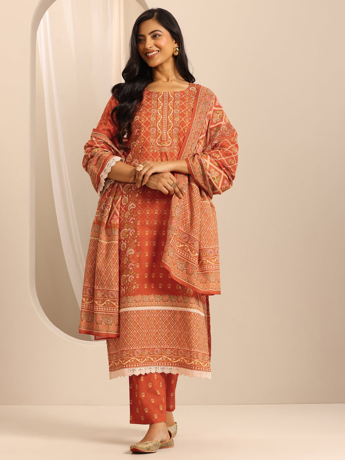 Anouk Orange Printed Cotton Blend Straight Suit Set With Dupatta