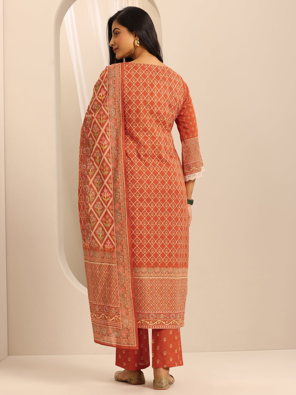 Anouk Orange Printed Cotton Blend Straight Suit Set With Dupatta
