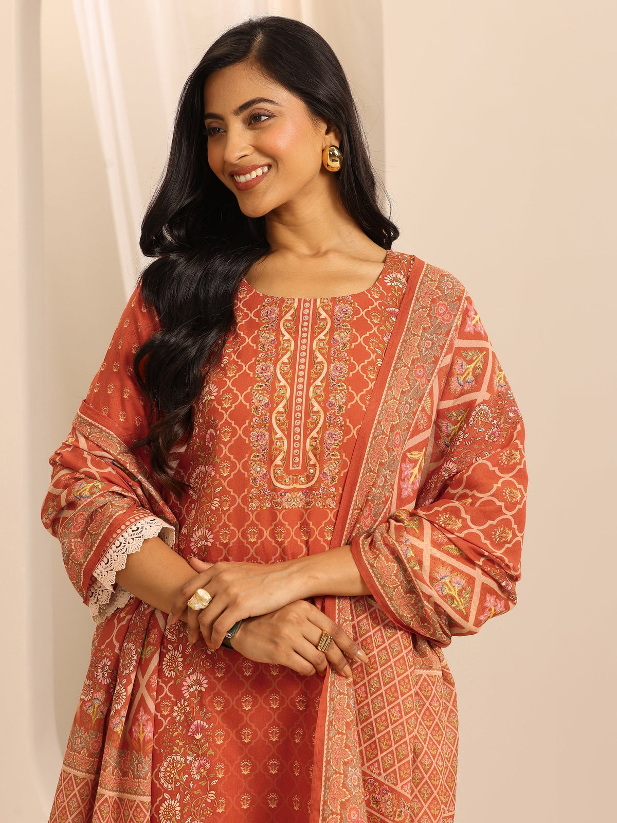 Anouk Orange Printed Cotton Blend Straight Suit Set With Dupatta