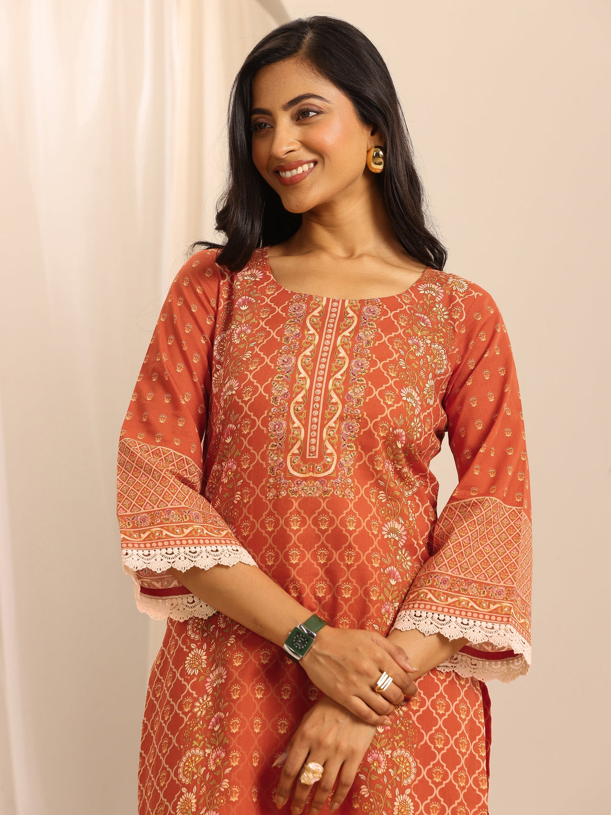 Anouk Orange Printed Cotton Blend Straight Suit Set With Dupatta