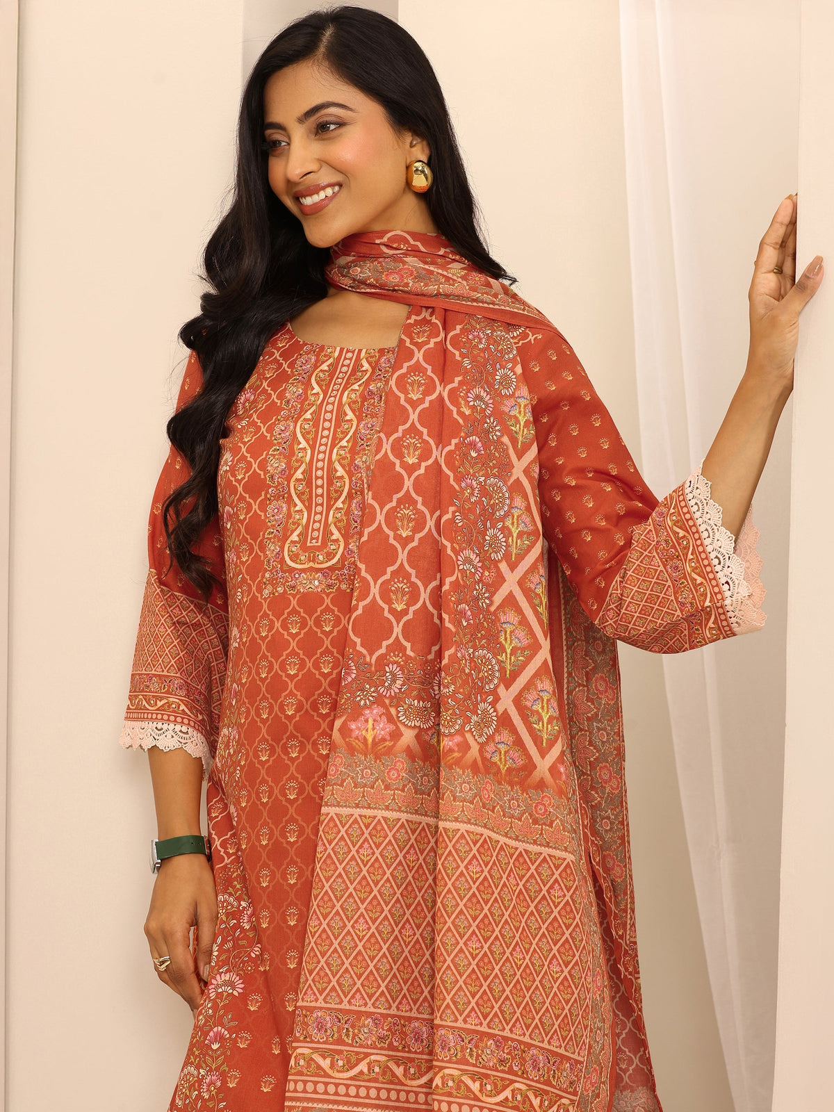 Anouk Orange Printed Cotton Blend Straight Suit Set With Dupatta