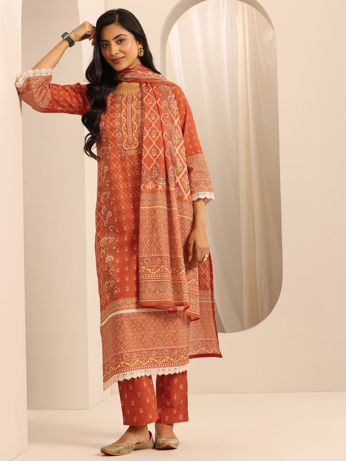 Anouk Orange Printed Cotton Blend Straight Suit Set With Dupatta