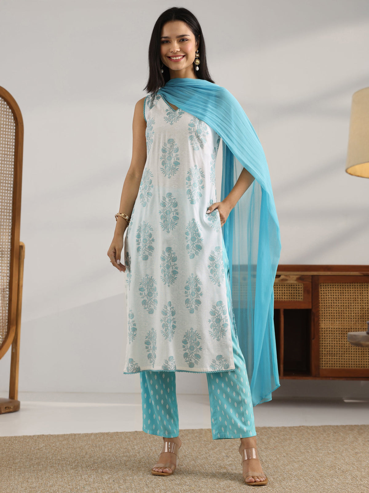 Anouk White Printed Rayon Straight Suit Set With Dupatta
