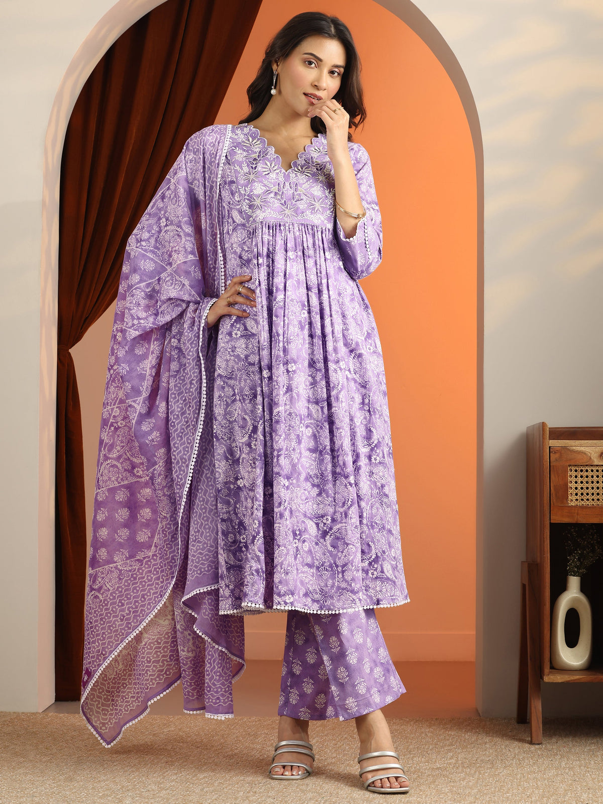 Anouk Purple Printed Cotton A-Line Suit Set With Dupatta