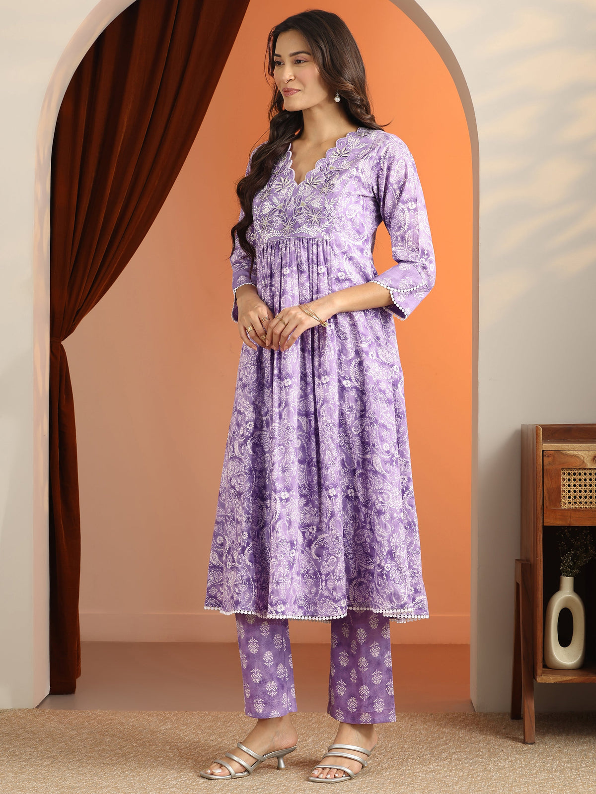 Anouk Purple Printed Cotton A-Line Suit Set With Dupatta