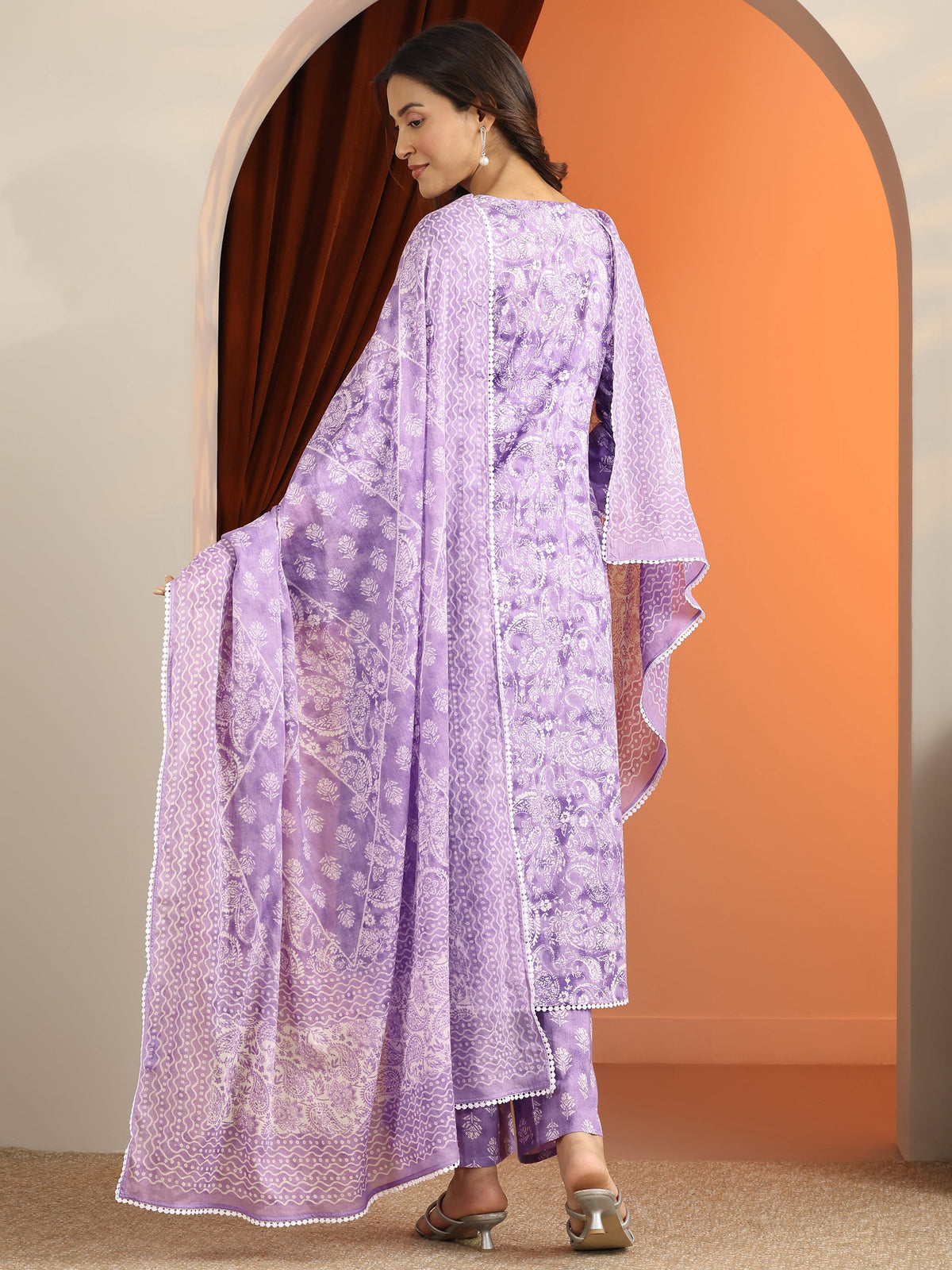 Anouk Purple Printed Cotton A-Line Suit Set With Dupatta