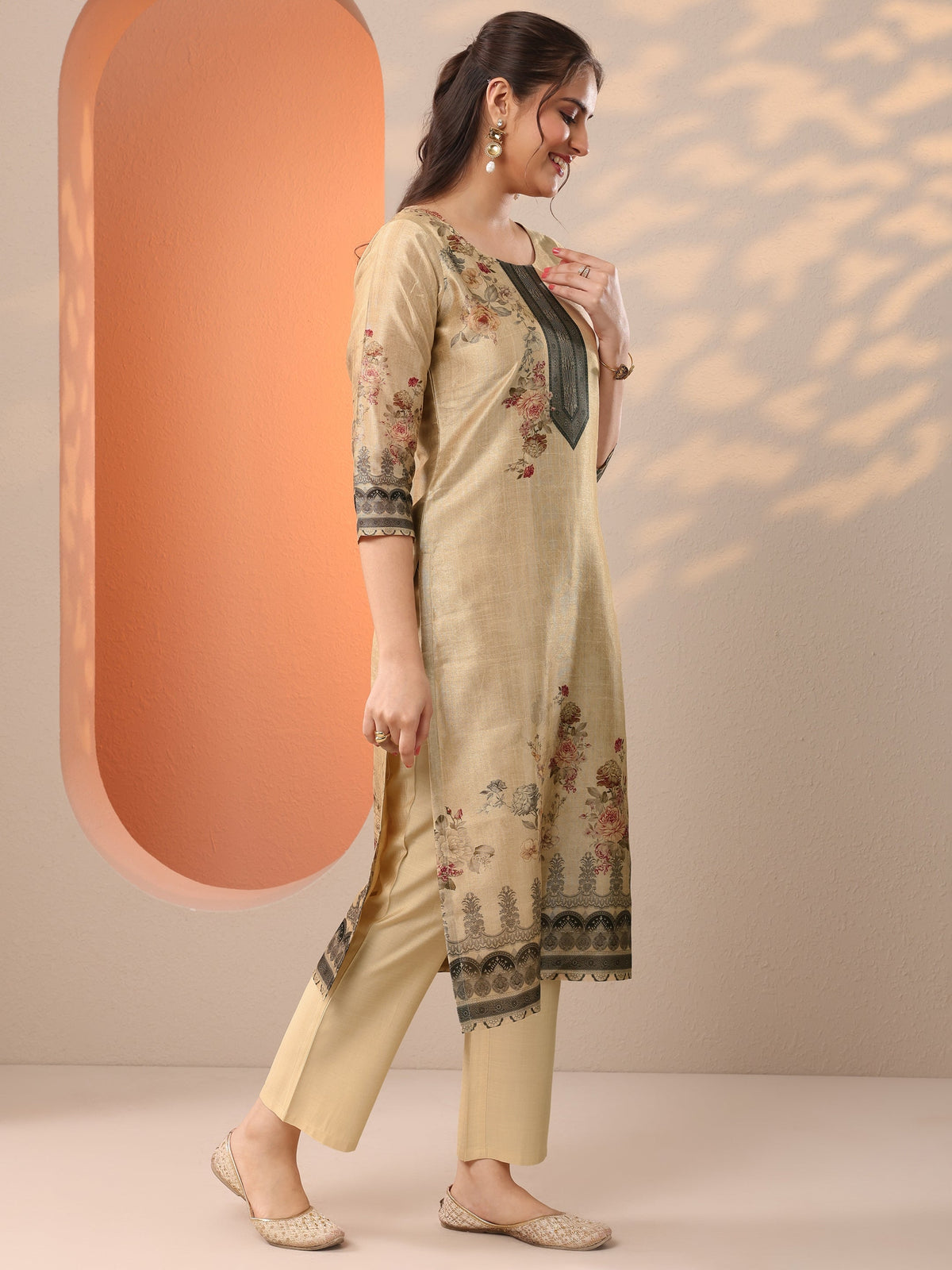 Anouk Beige Printed Silk Blend Straight Suit Set With Dupatta
