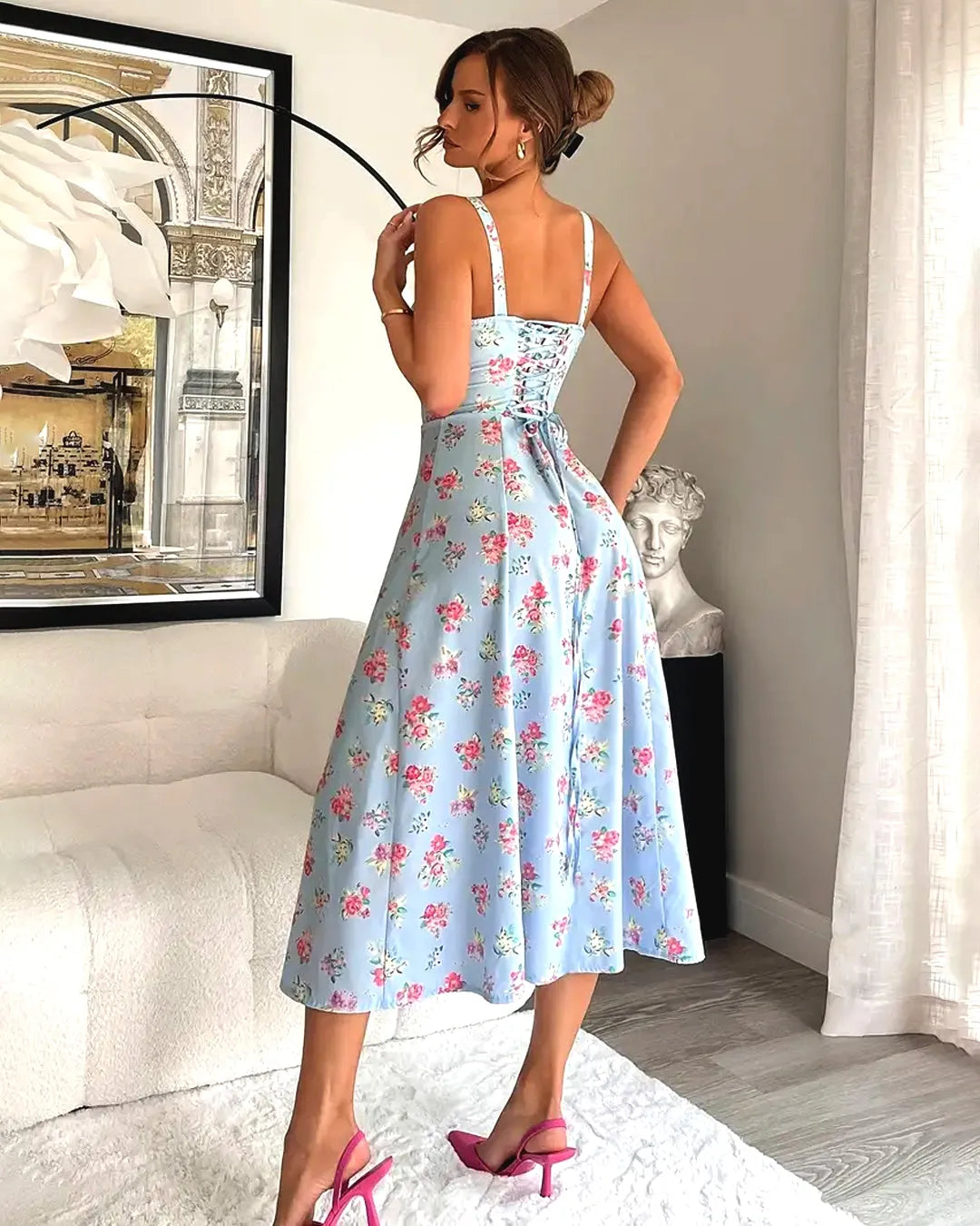 Pastel Blue Floral Print A-Line Midi Dress