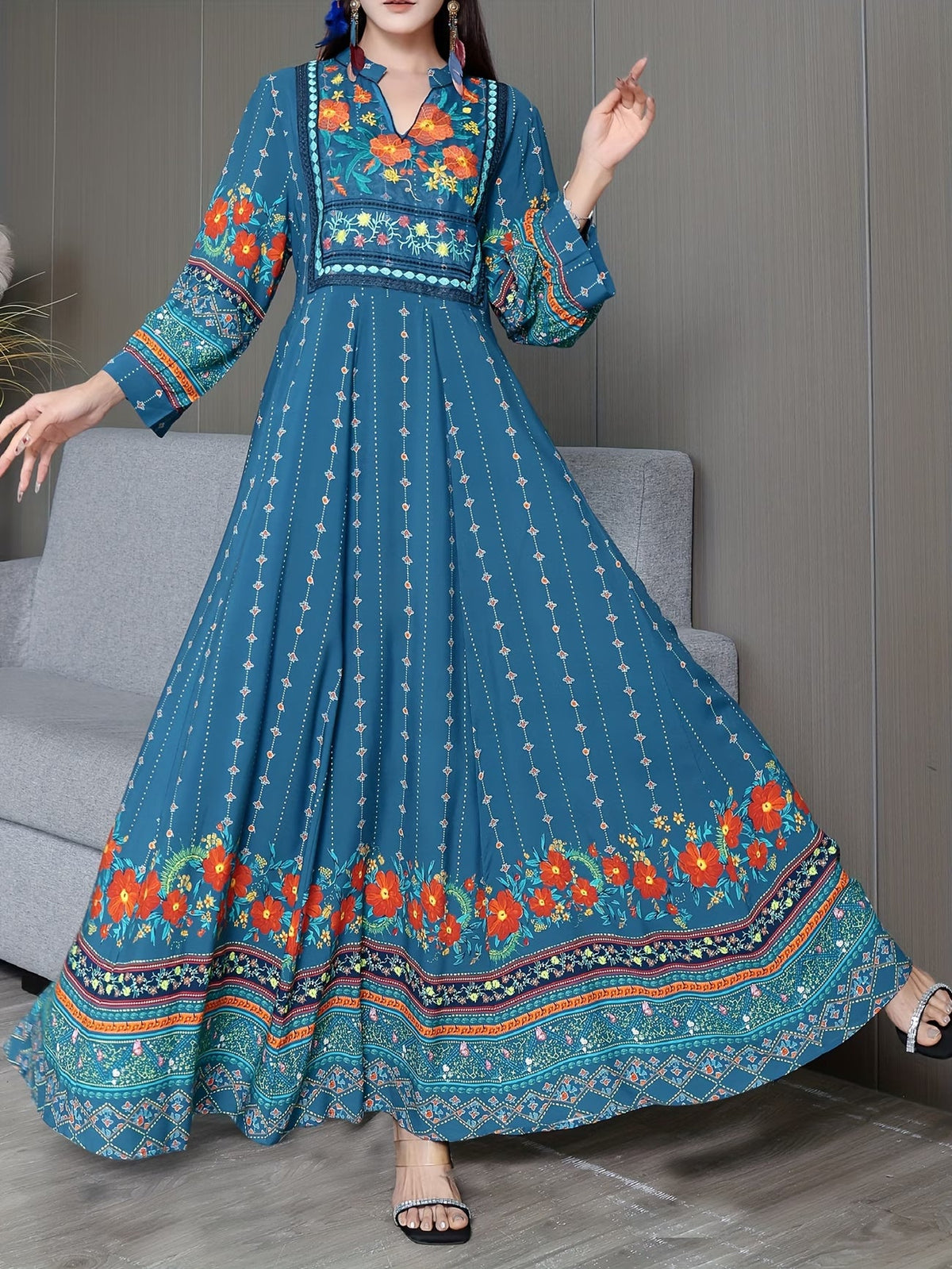 Women's Bohemian Ethnic Print Maxi Dress with Flowing Hem