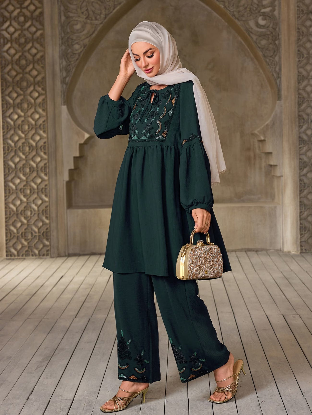 Women's Elegant Rhinestone Detail Long Sleeve Top & Wide-Leg Pants Set