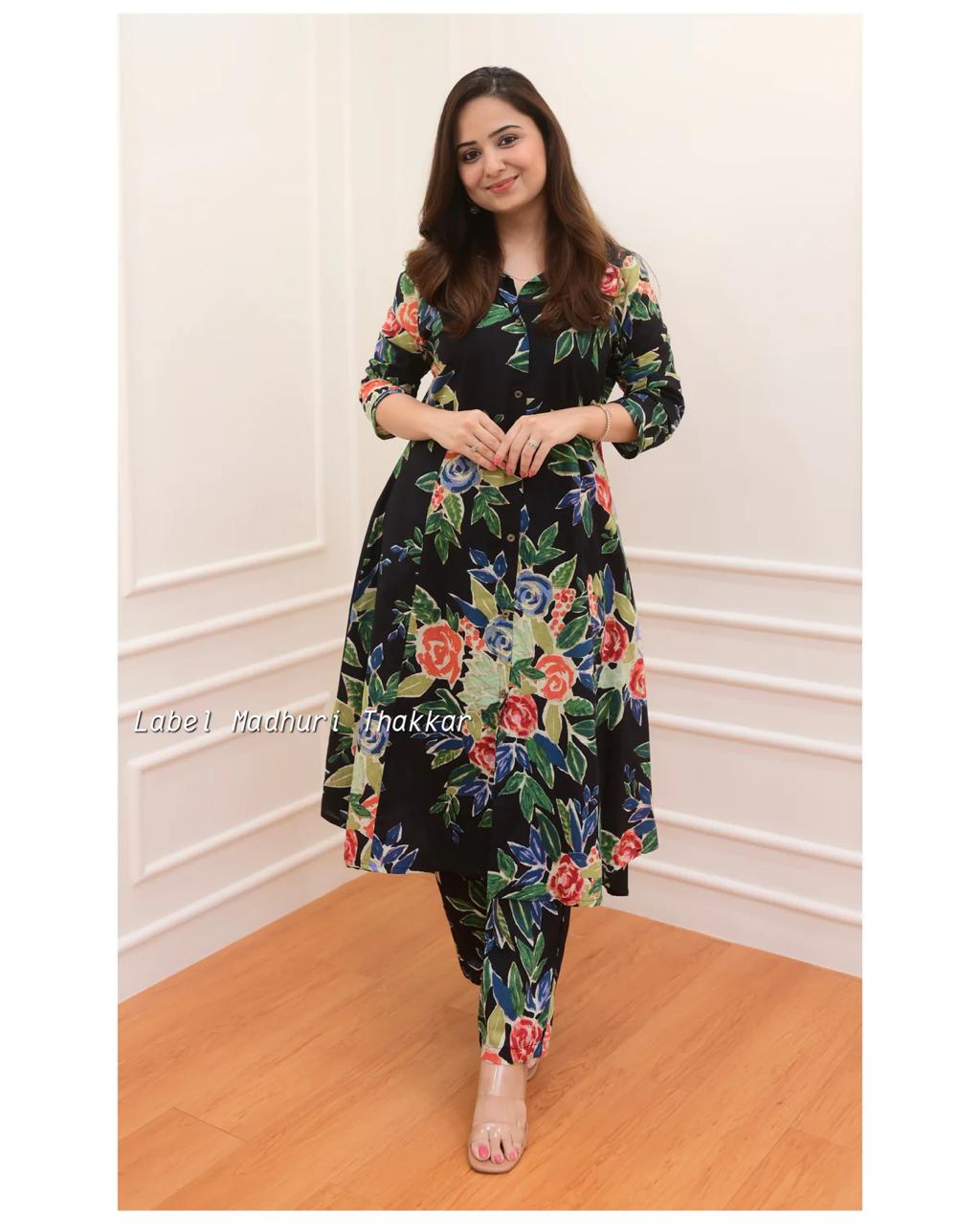 Black Cotton Co-ord Set - 3/4 Sleeve Kurti & Pant Combo