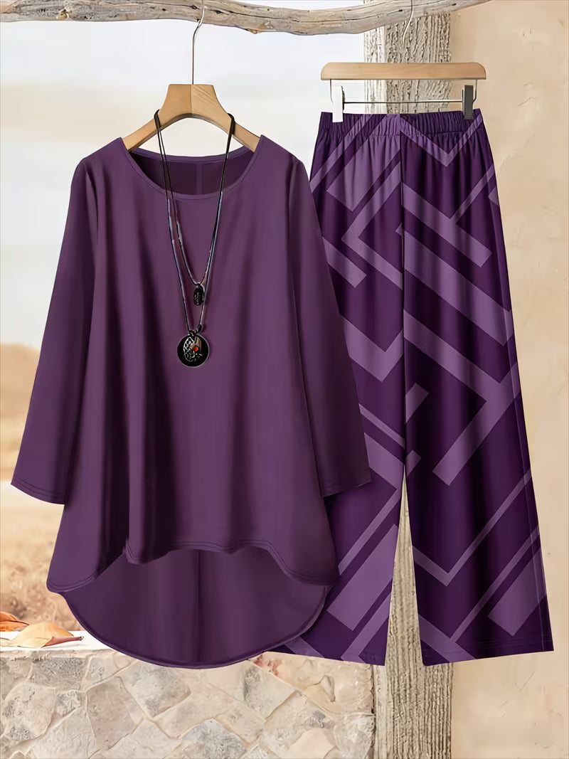 Plus Size Women’s Loose Net Color Top & Printed Pants Set – 2pcs Casual Outfit