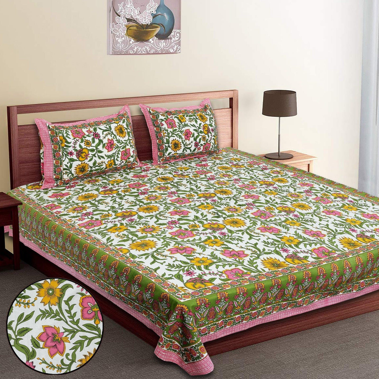 King-Size Cotton Bedsheet Set with Pillow Covers
