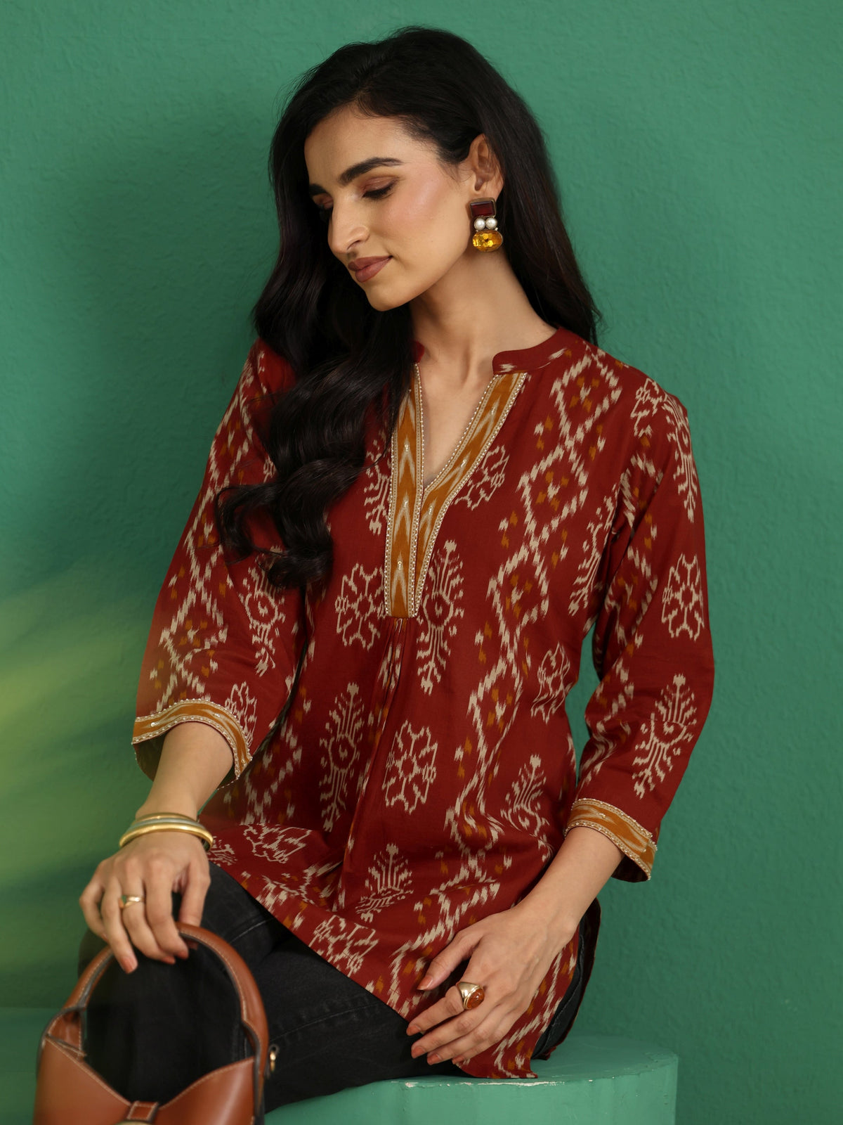 Anouk Rust Brown Printed Cotton Short Kurti