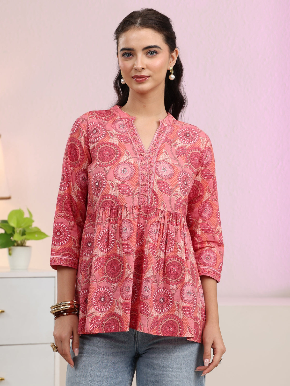 Anouk Peach Floral Printed Cotton A-Line Pleated Top