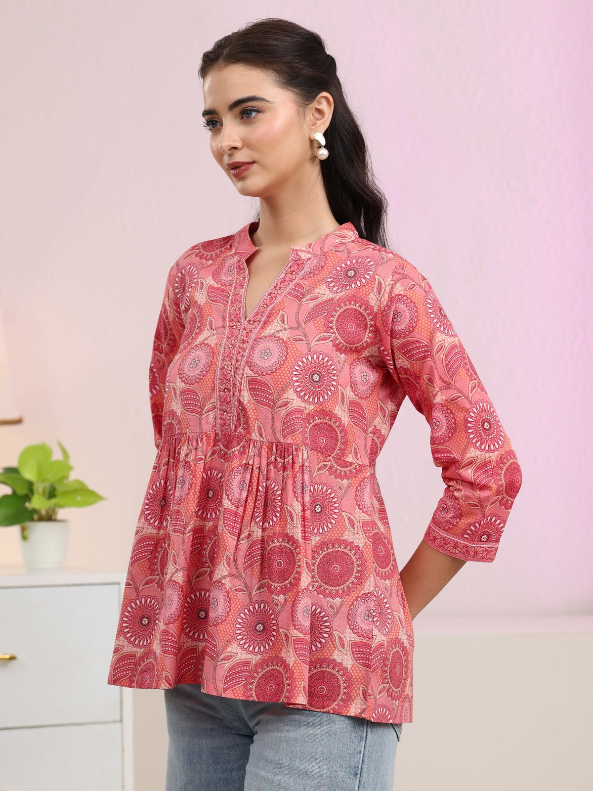 Anouk Peach Floral Printed Cotton A-Line Pleated Top
