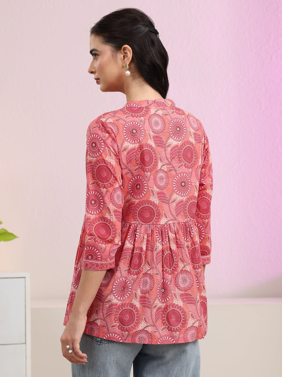 Anouk Peach Floral Printed Cotton A-Line Pleated Top