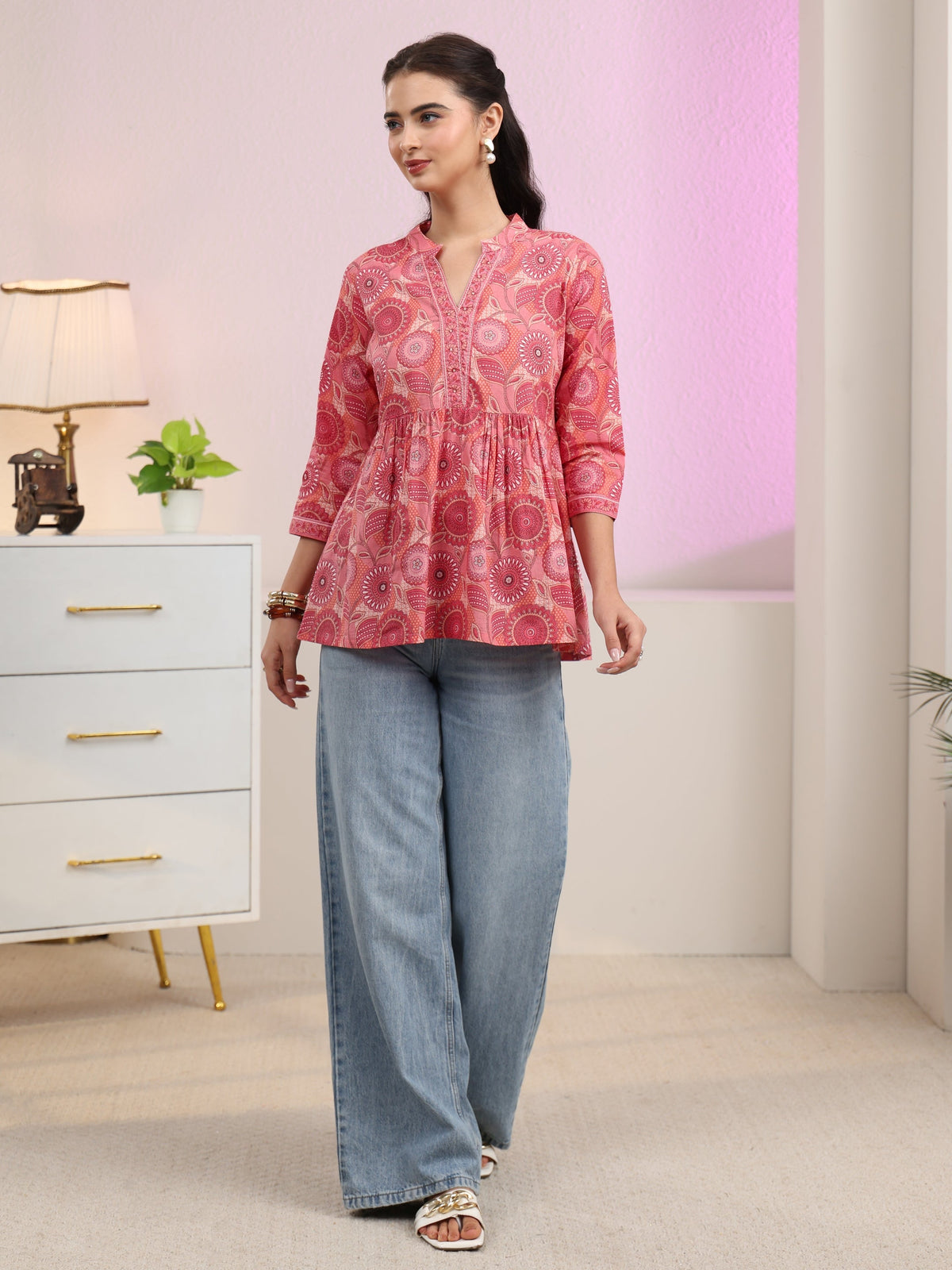 Anouk Peach Floral Printed Cotton A-Line Pleated Top
