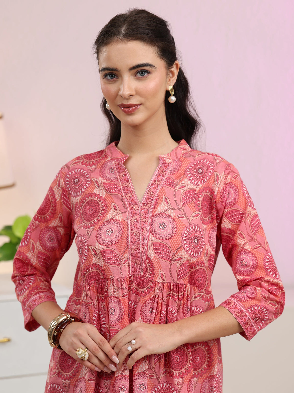 Anouk Peach Floral Printed Cotton A-Line Pleated Top