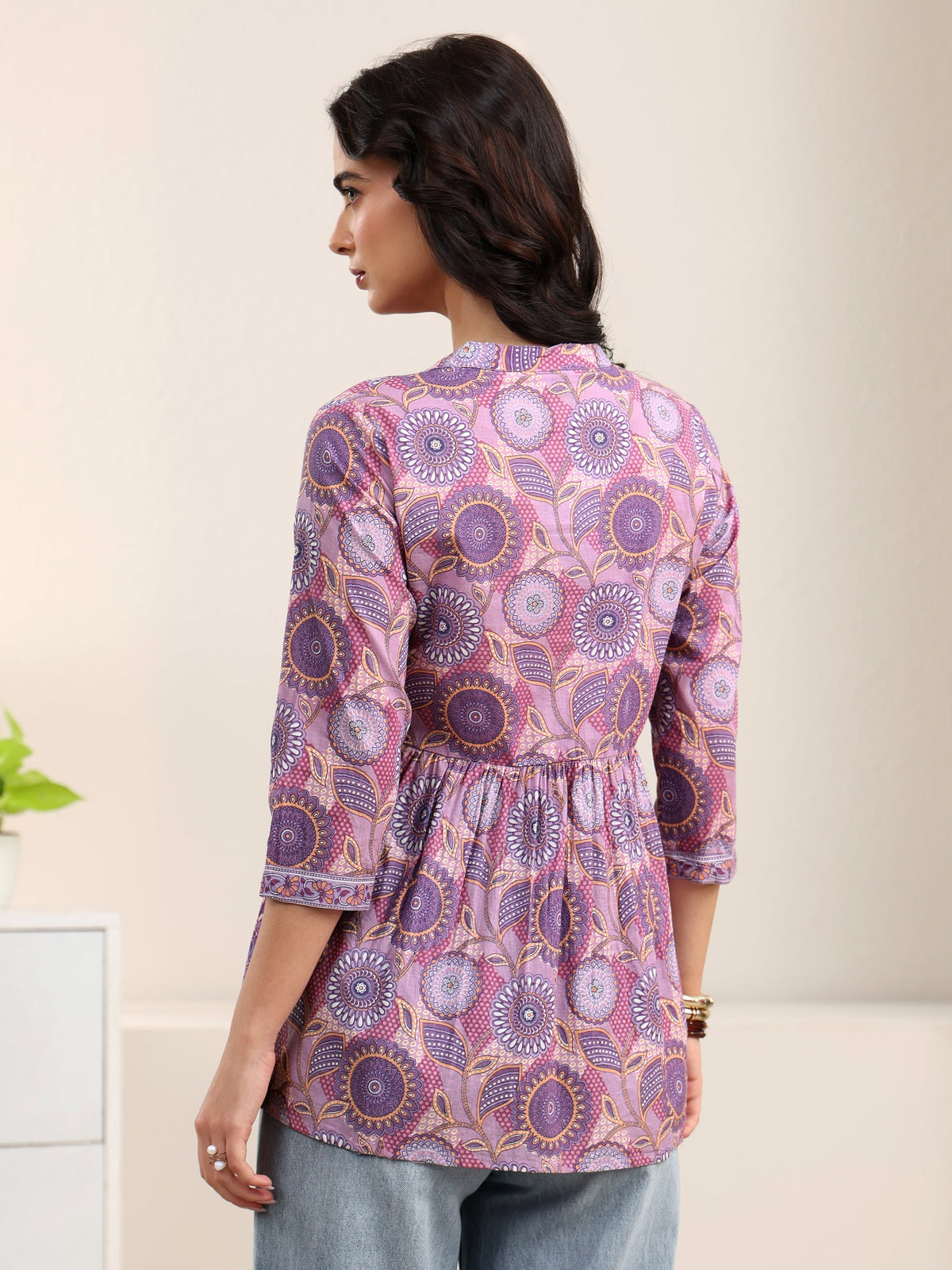 Anouk Lilac Floral Printed Cotton A-Line Pleated Top