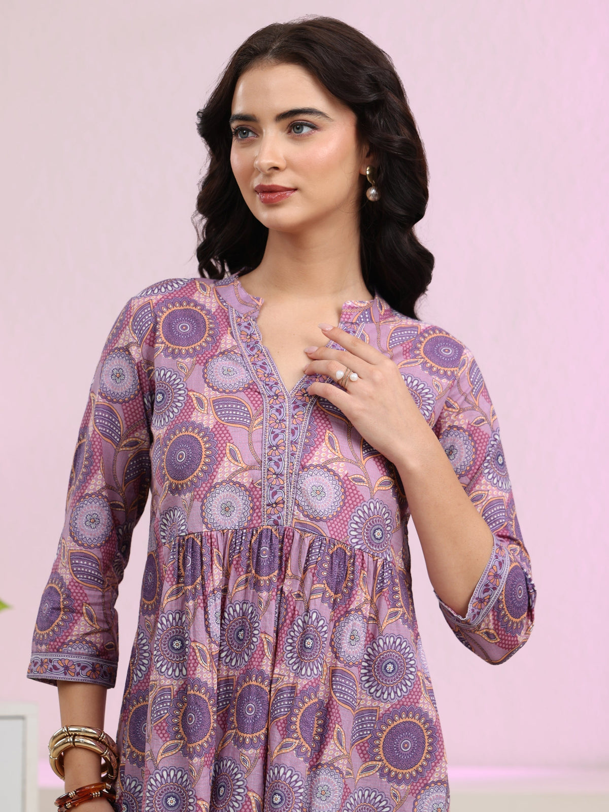 Anouk Lilac Floral Printed Cotton A-Line Pleated Top