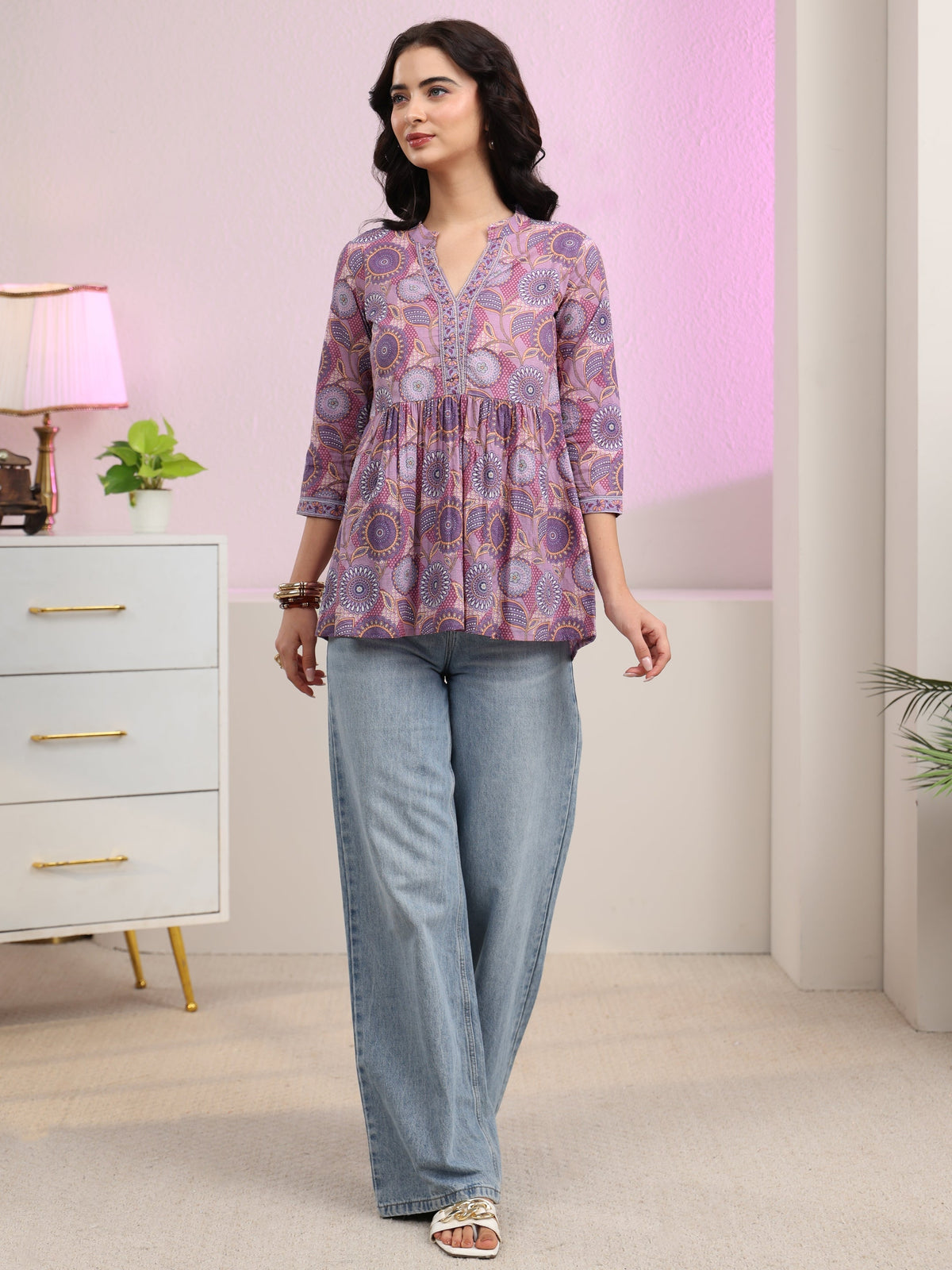 Anouk Lilac Floral Printed Cotton A-Line Pleated Top