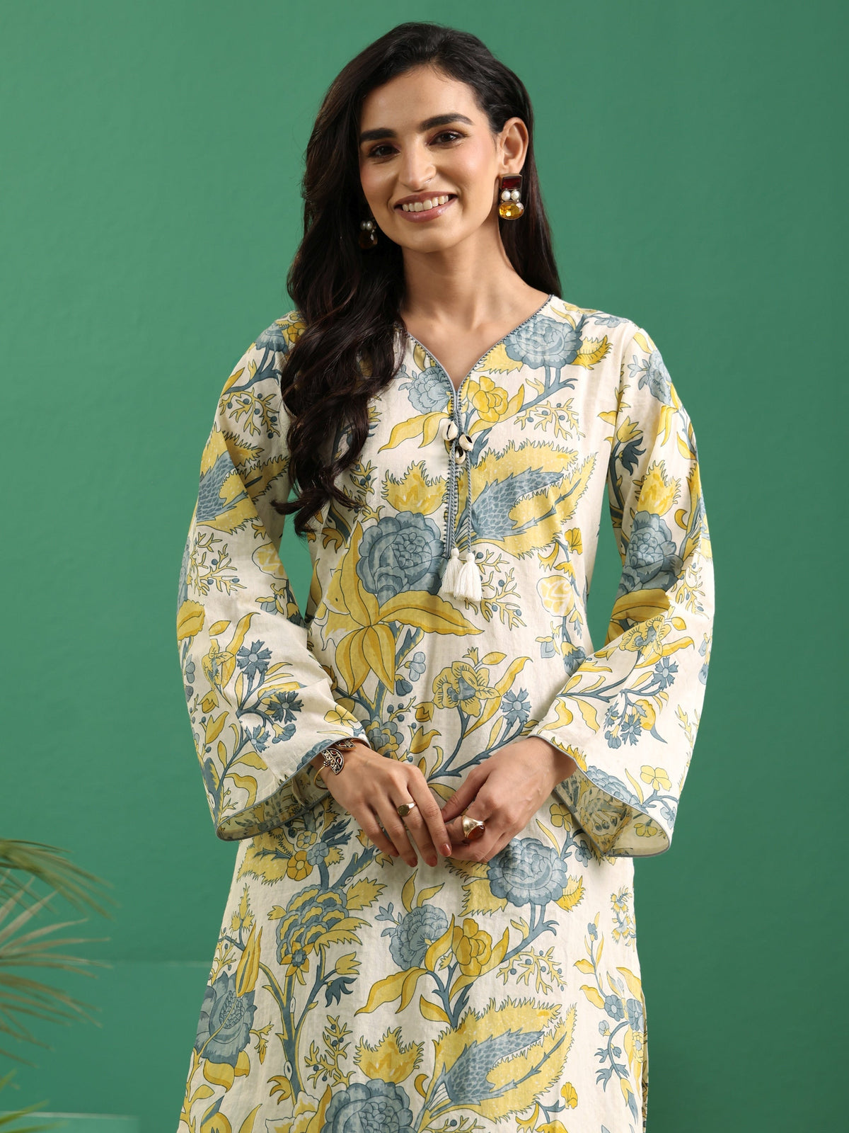 Anouk Off White Floral Printed Cotton Straight Kurta