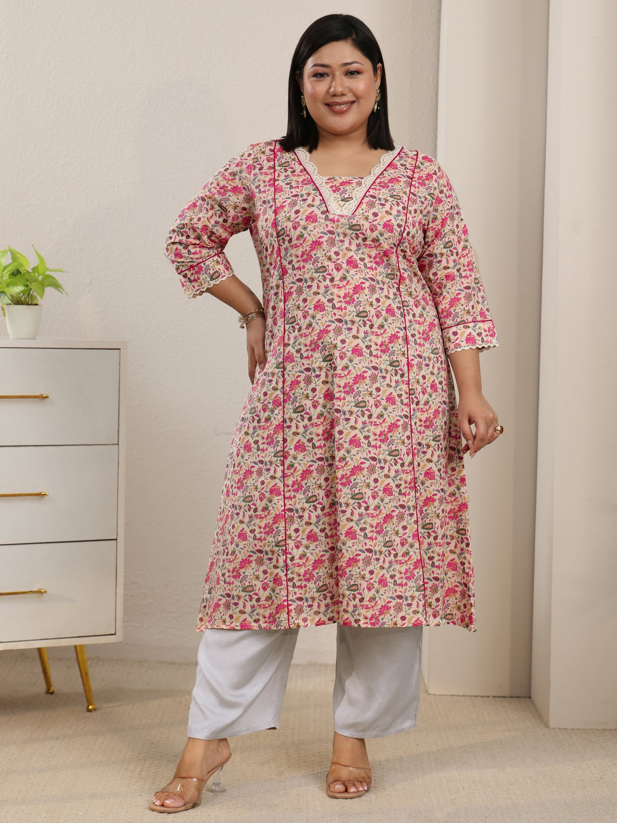 Plus Size Beige Floral Printed Cotton A-Line Kurta