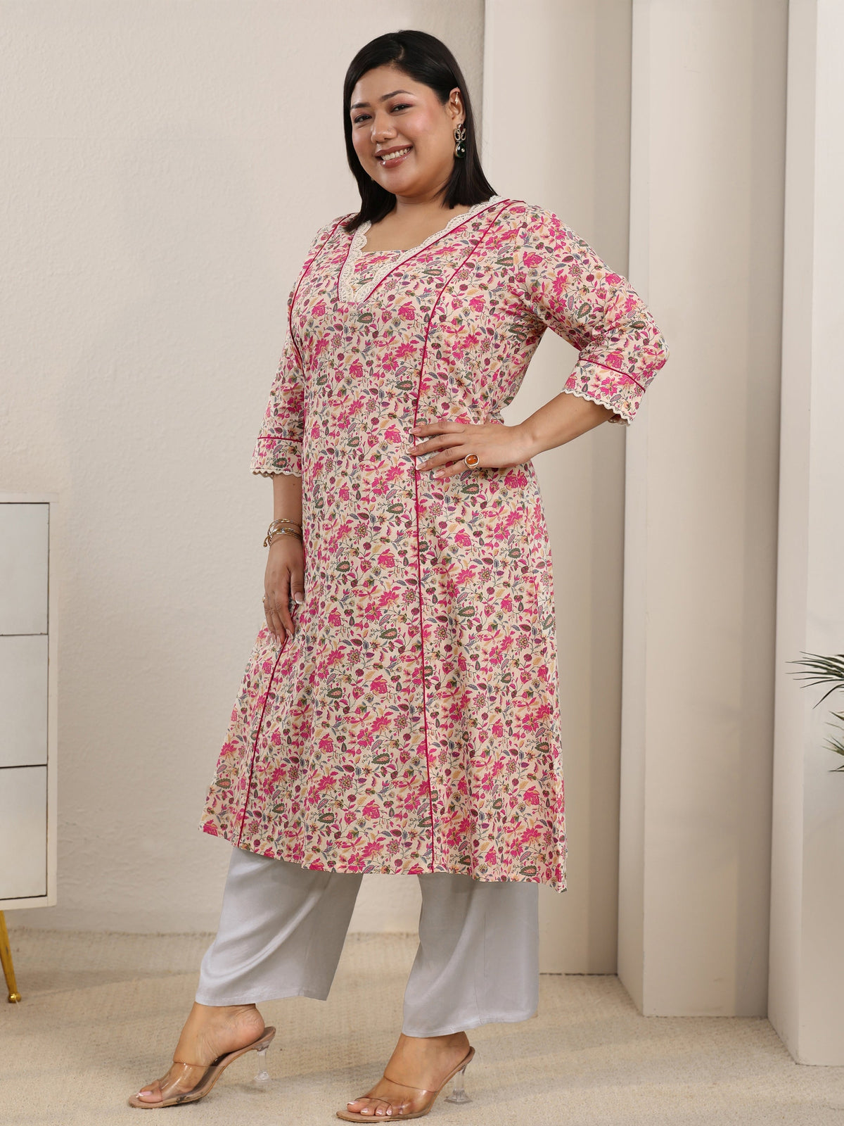 Plus Size Beige Floral Printed Cotton A-Line Kurta