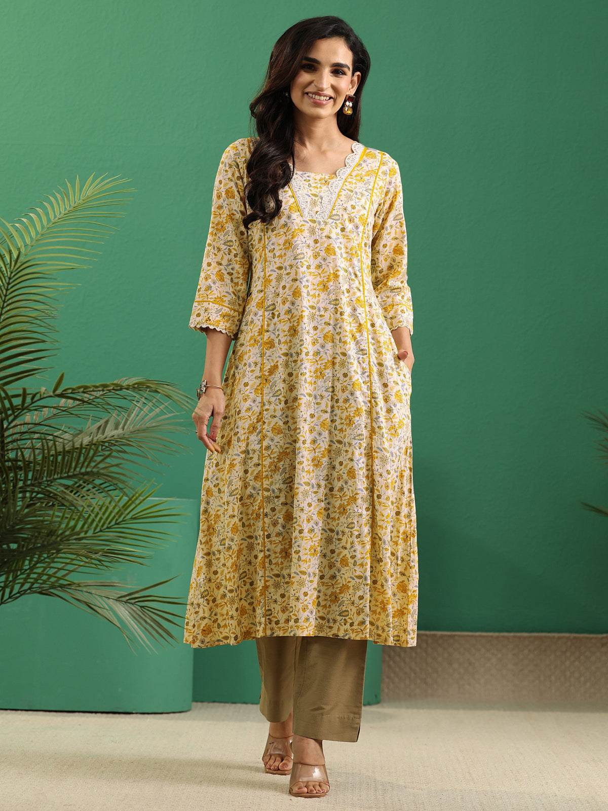 Anouk Beige Floral Printed Cotton A-Line Kurta