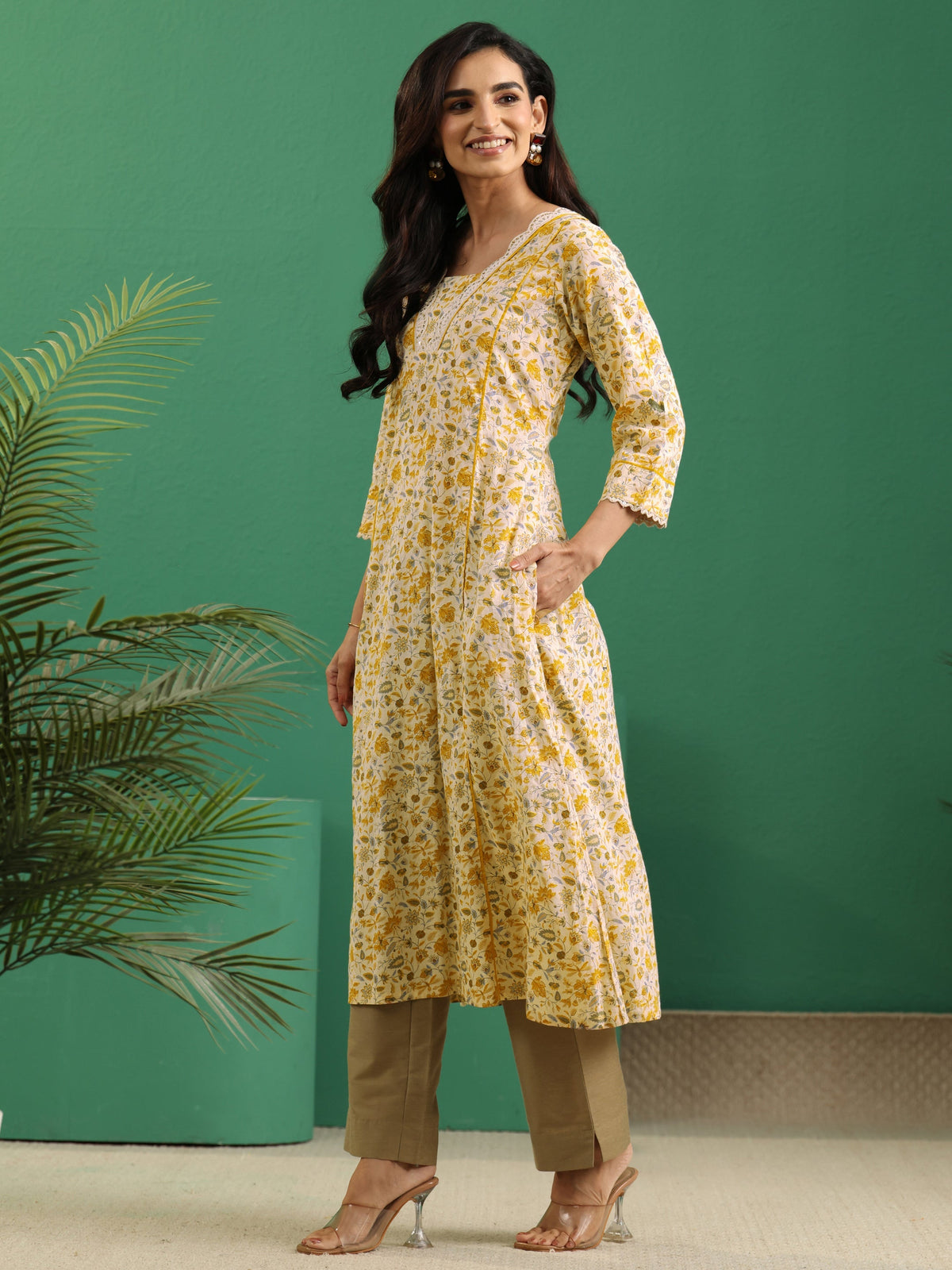 Anouk Beige Floral Printed Cotton A-Line Kurta