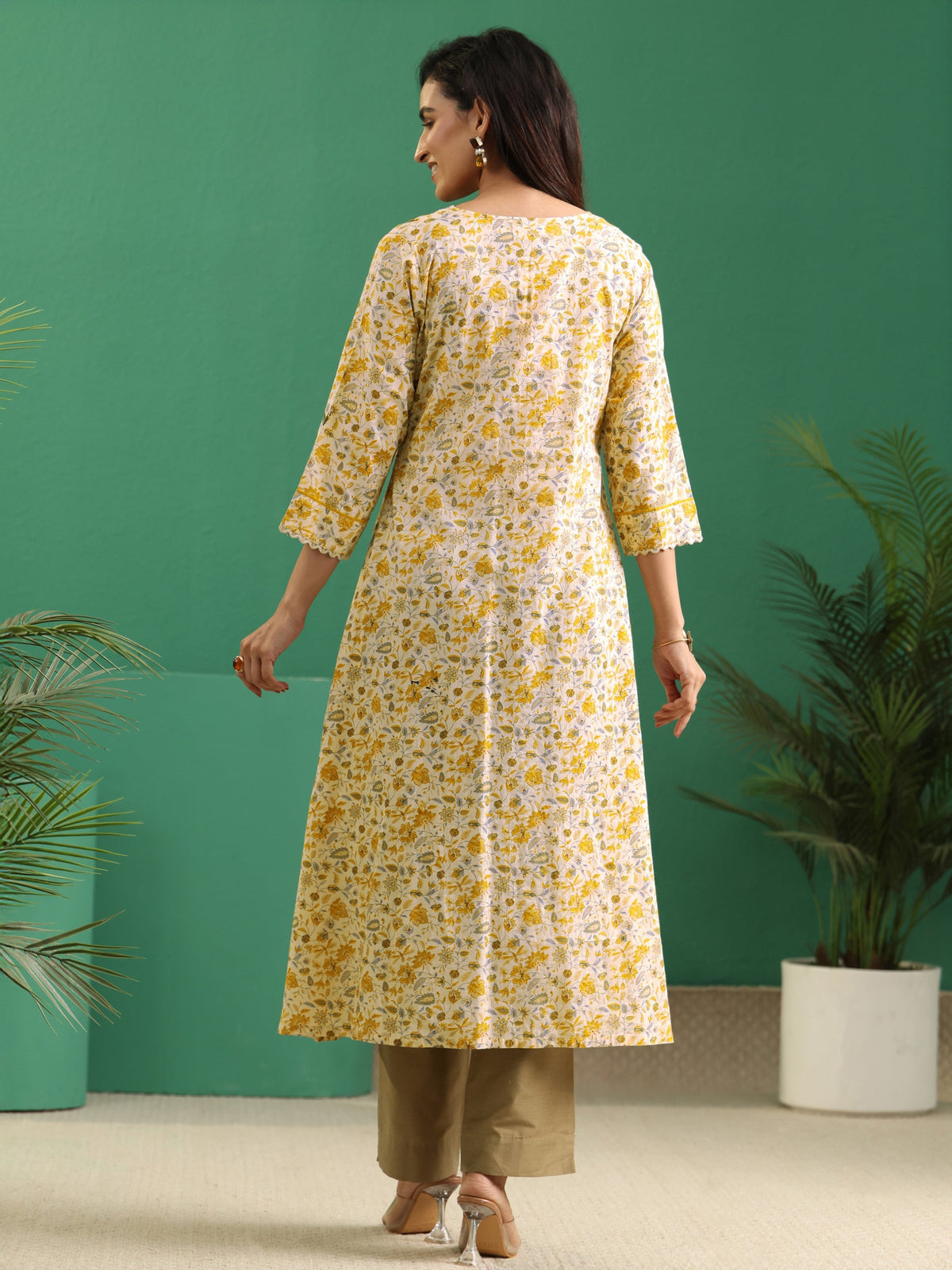 Anouk Beige Floral Printed Cotton A-Line Kurta
