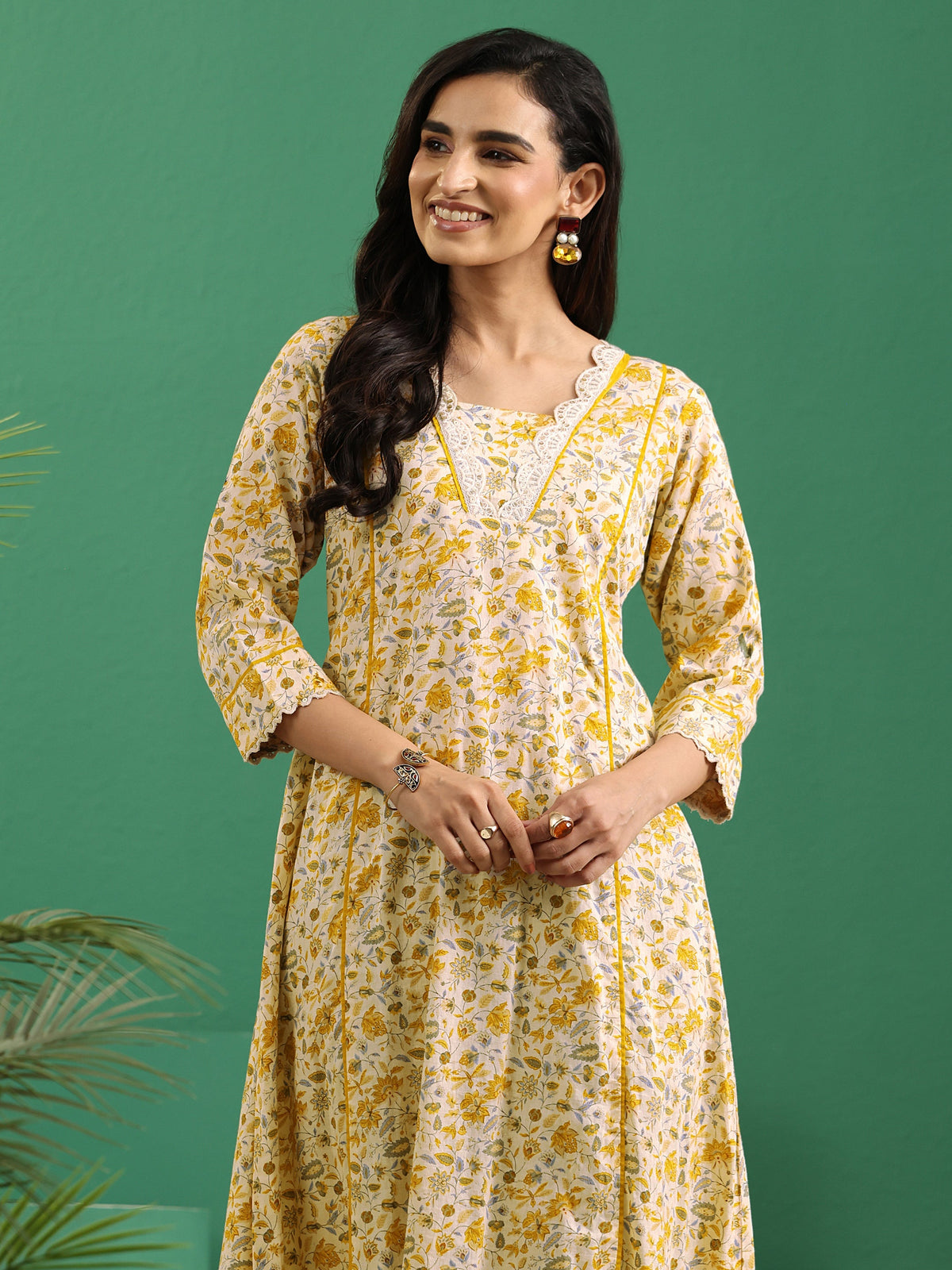 Anouk Beige Floral Printed Cotton A-Line Kurta
